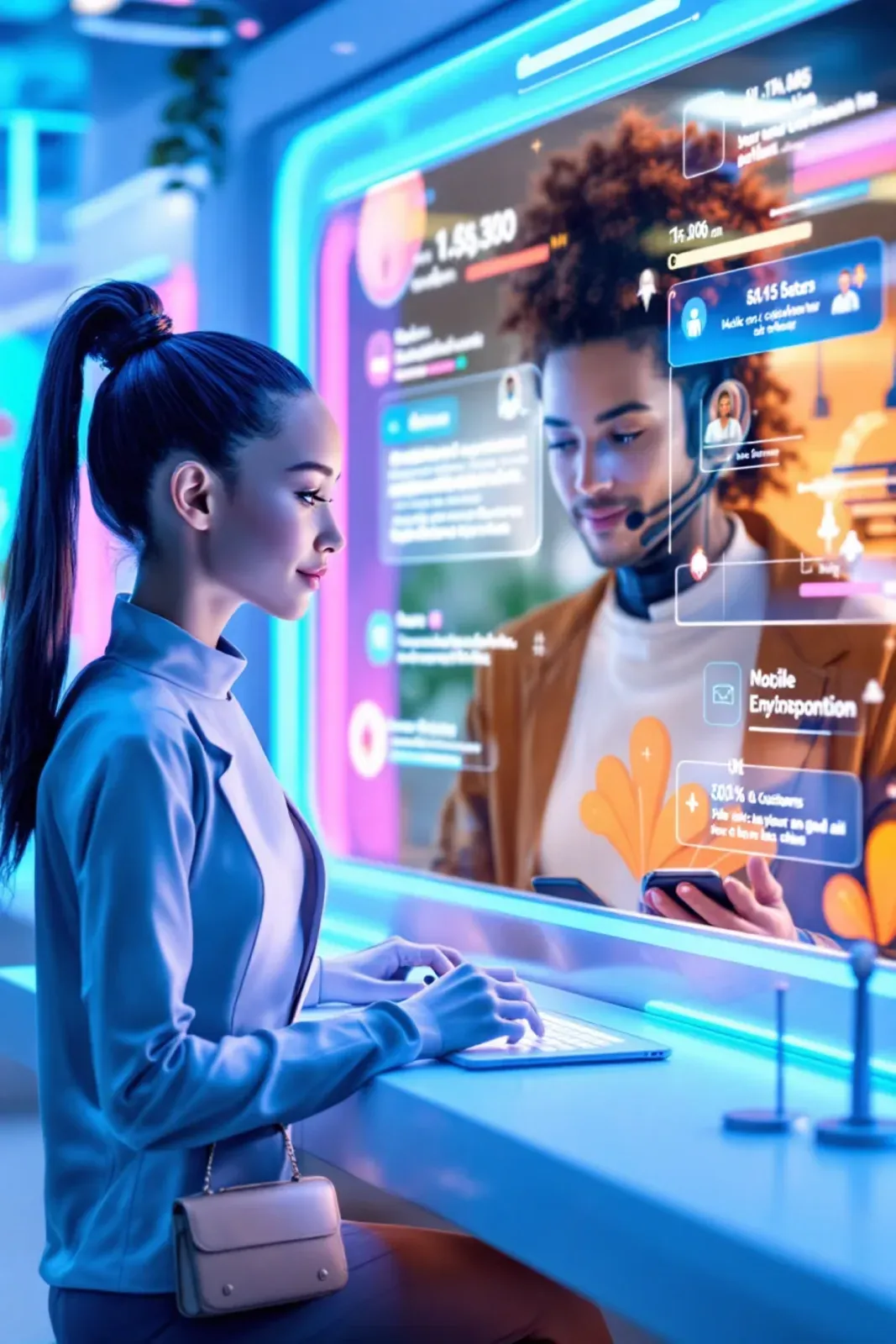 A business owner helping a customer at a counter while an AI assistant answers questions on a glowing screen