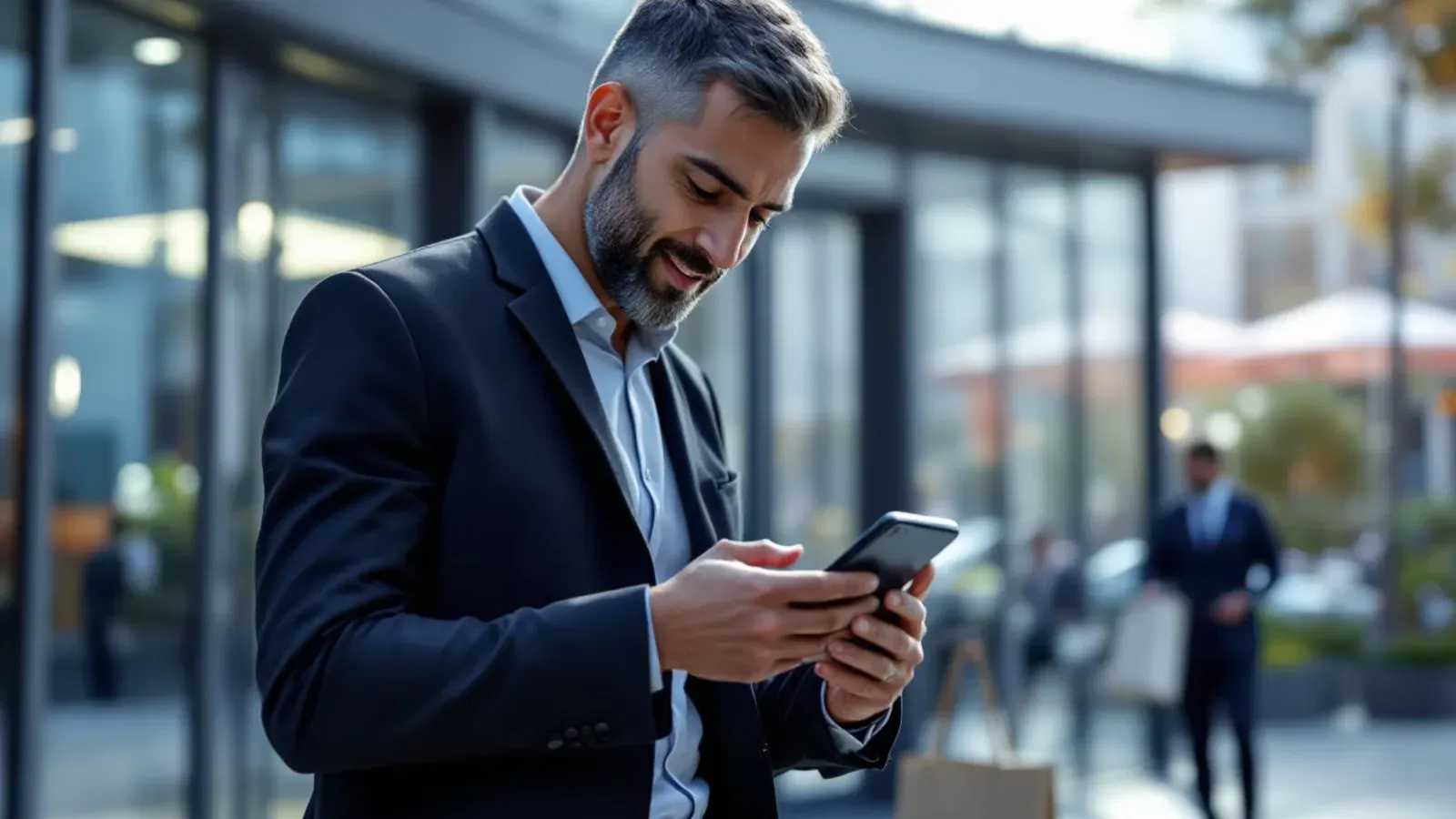 A business owner taking a payment on a phone on a downtown street