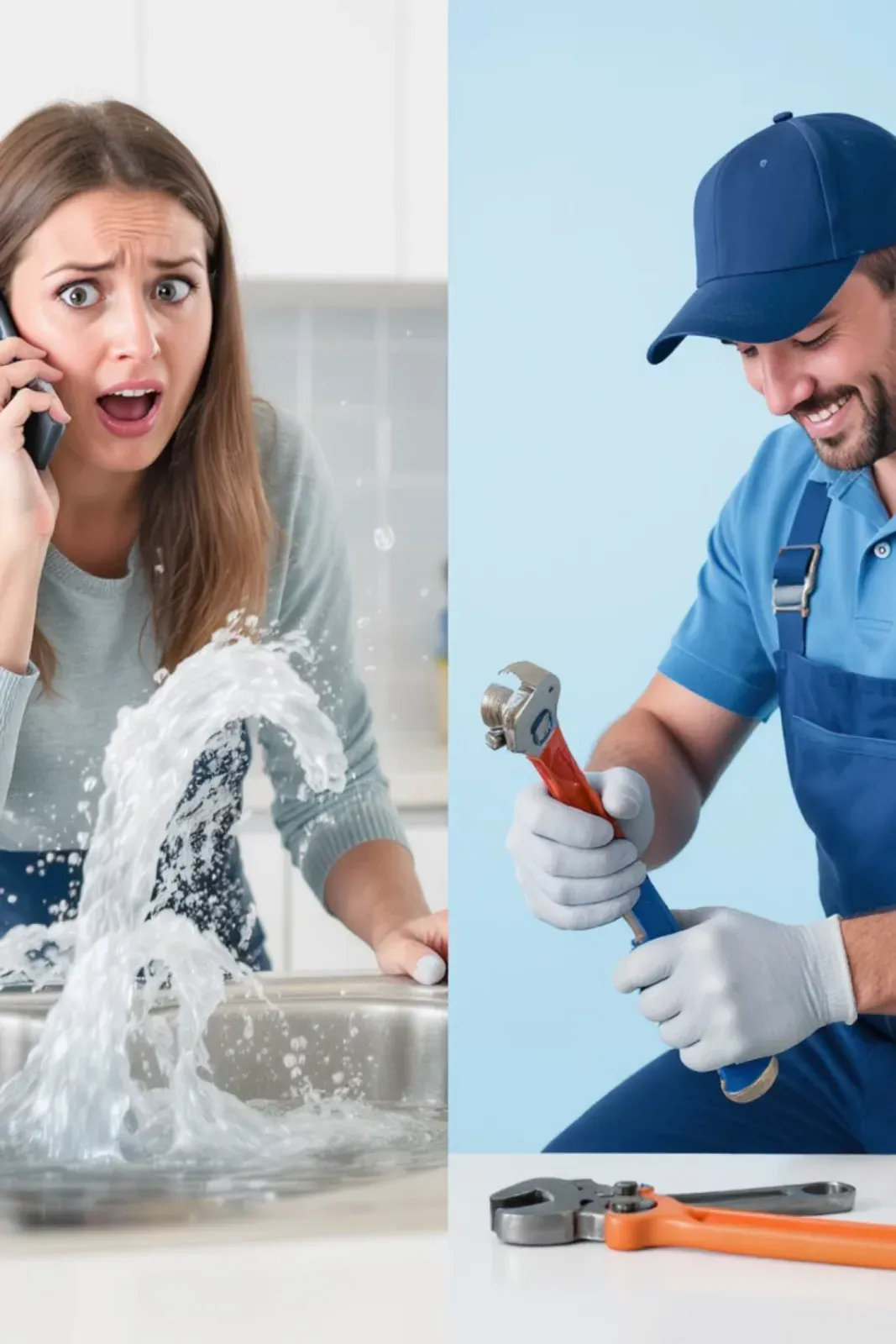 A worried homeowner phoning for help beside a plumber ready to take the job