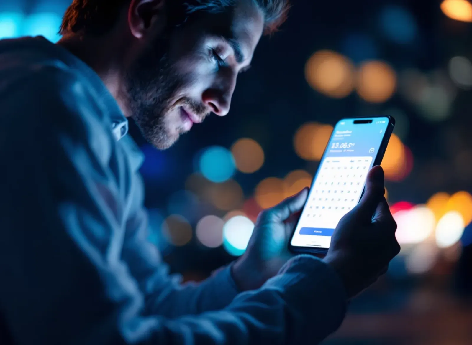 A man checking a booking app on his phone in the evening