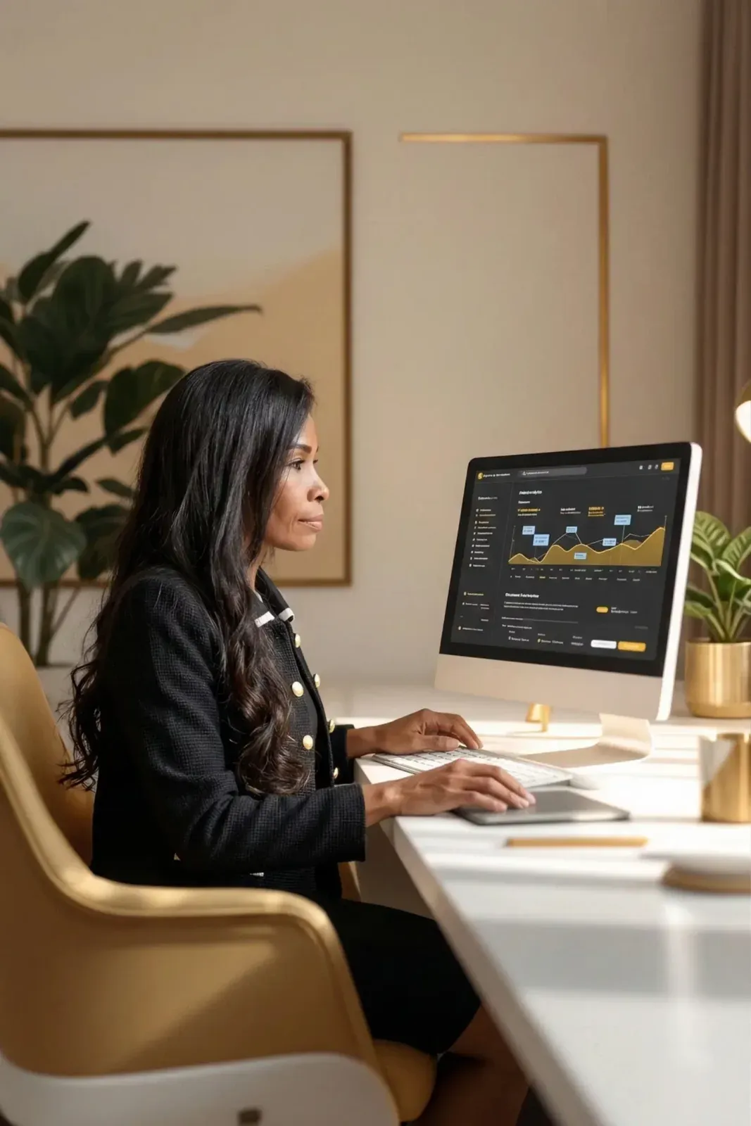 A local business owner reviewing a lead-generation dashboard at her desk