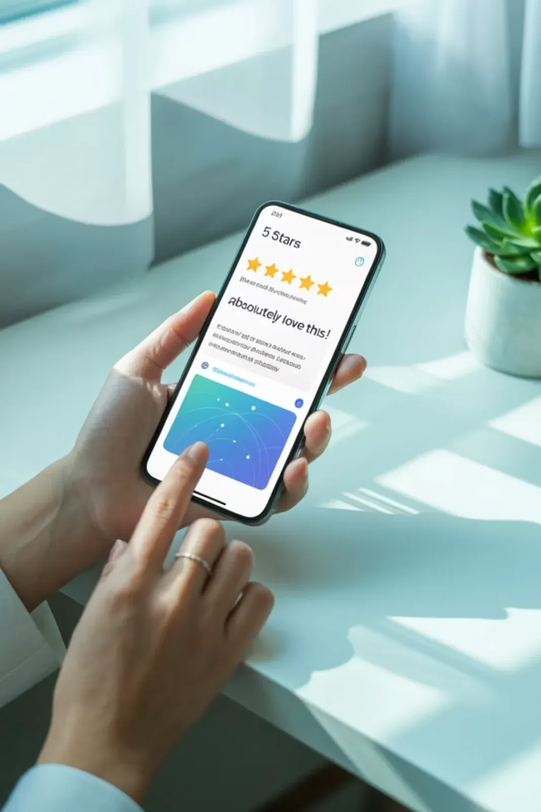 A customer reading a glowing five-star review on their phone by a sunlit window