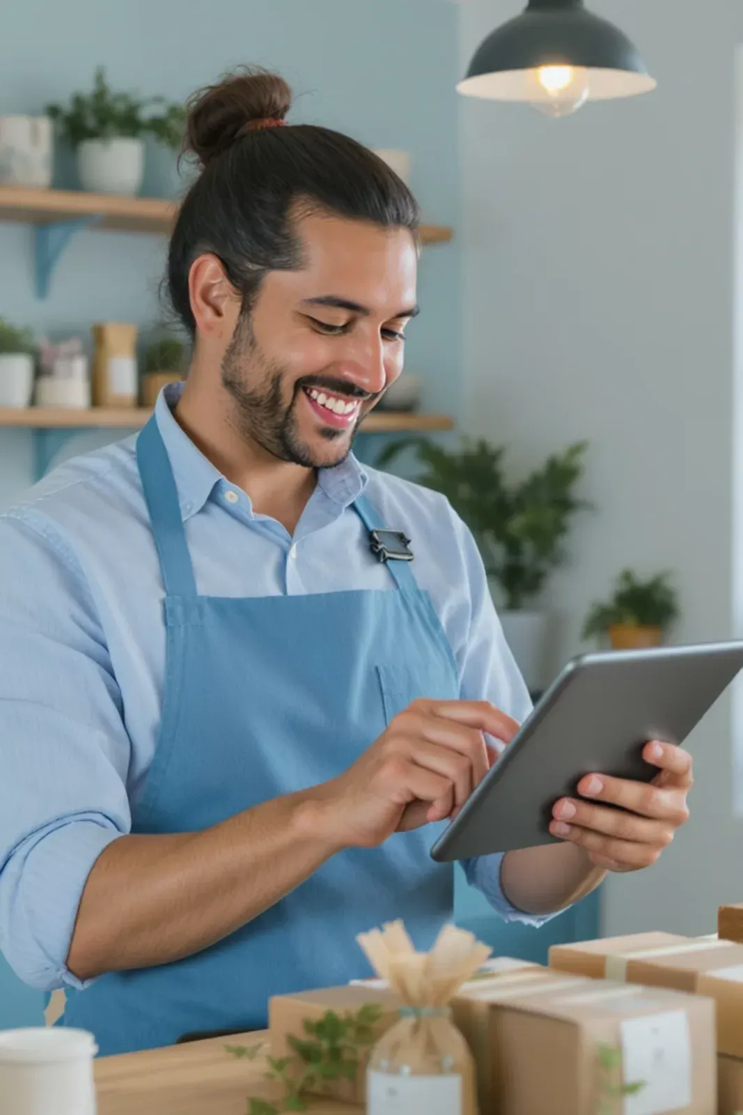 A local maker in an apron taking online orders on a tablet behind the counter