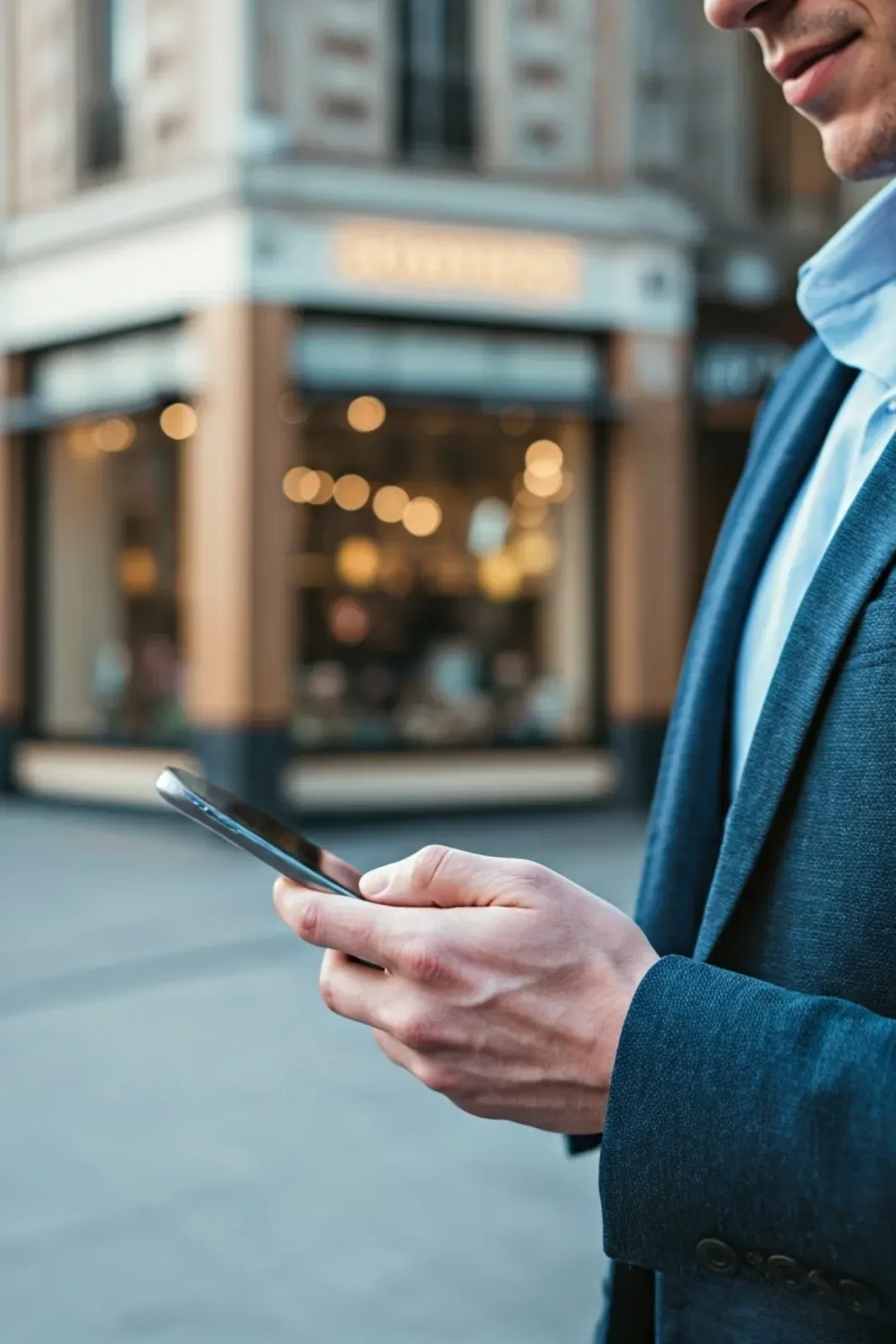 A local business owner checking their phone on a downtown street