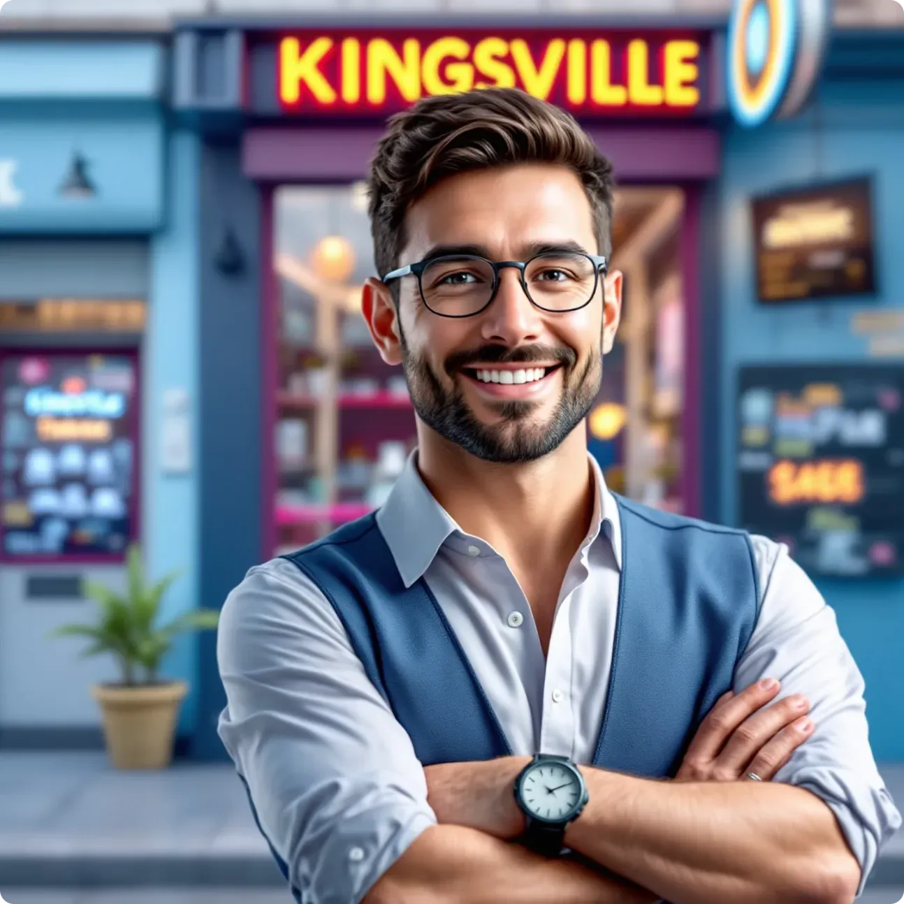 Paul Hughes smiling in front of a downtown Kingsville, Ontario storefront