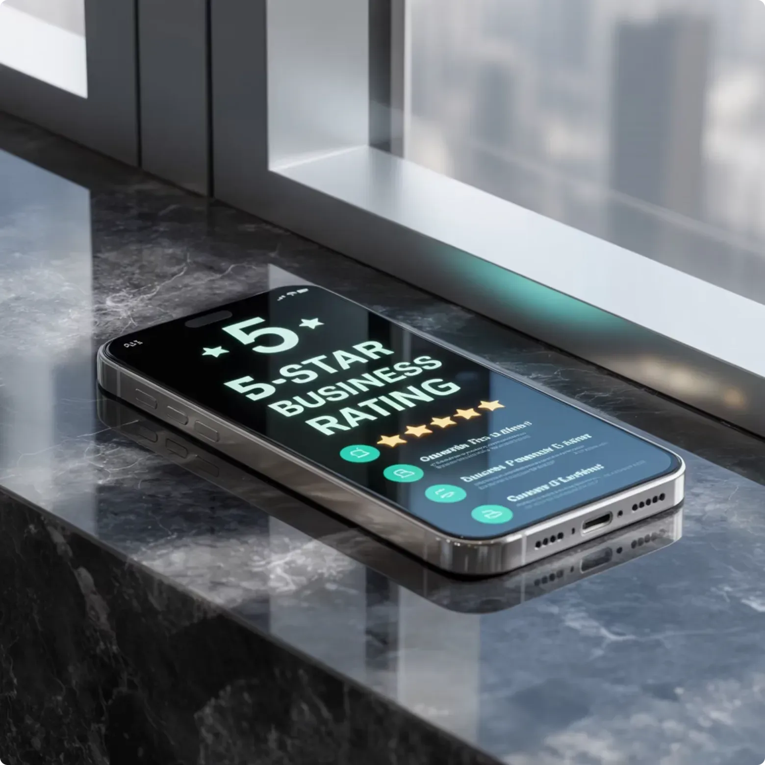 A phone on a counter showing a five-star business rating