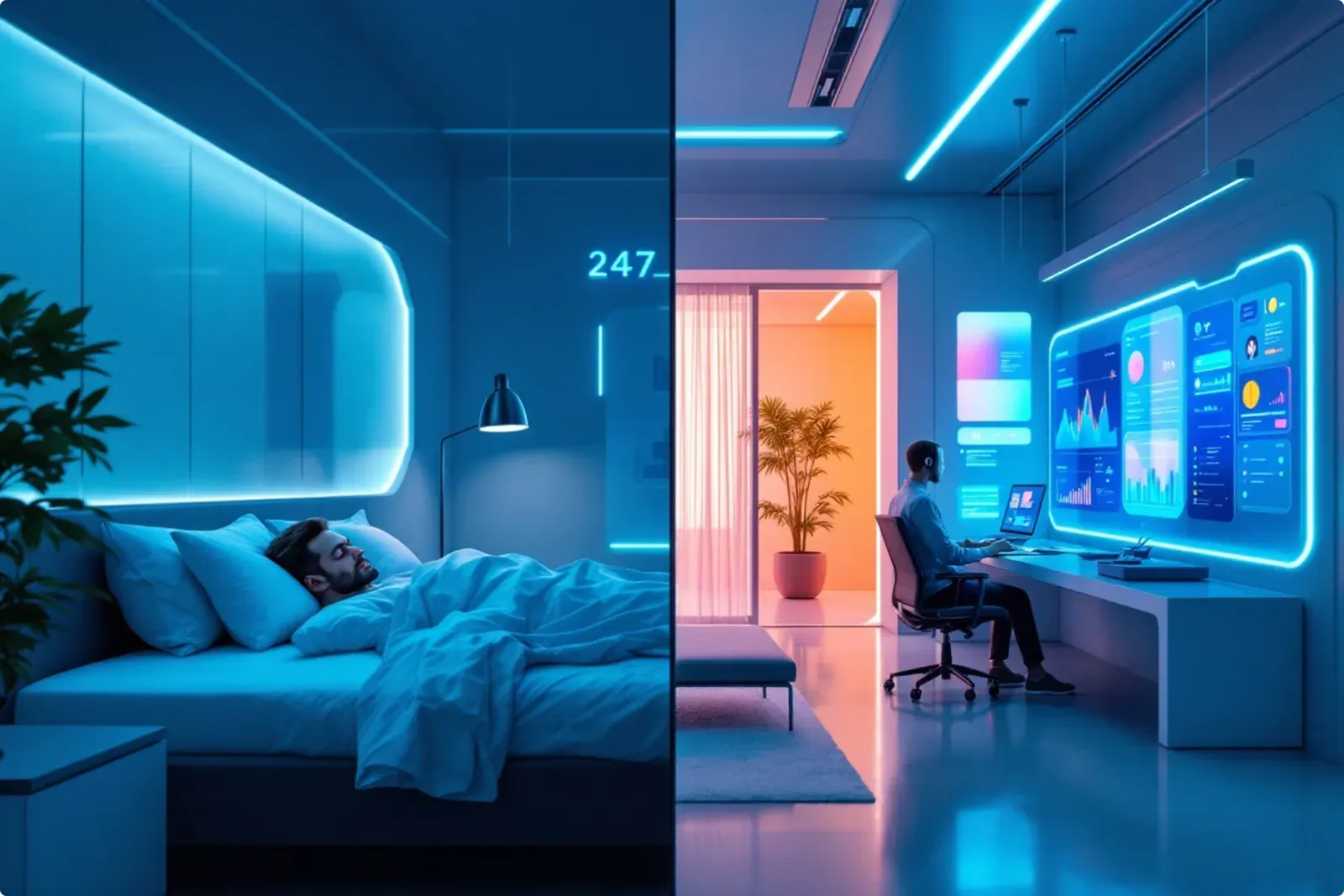 A split scene: a person sleeping at night on one side, their AI assistant working at a glowing dashboard on the other
