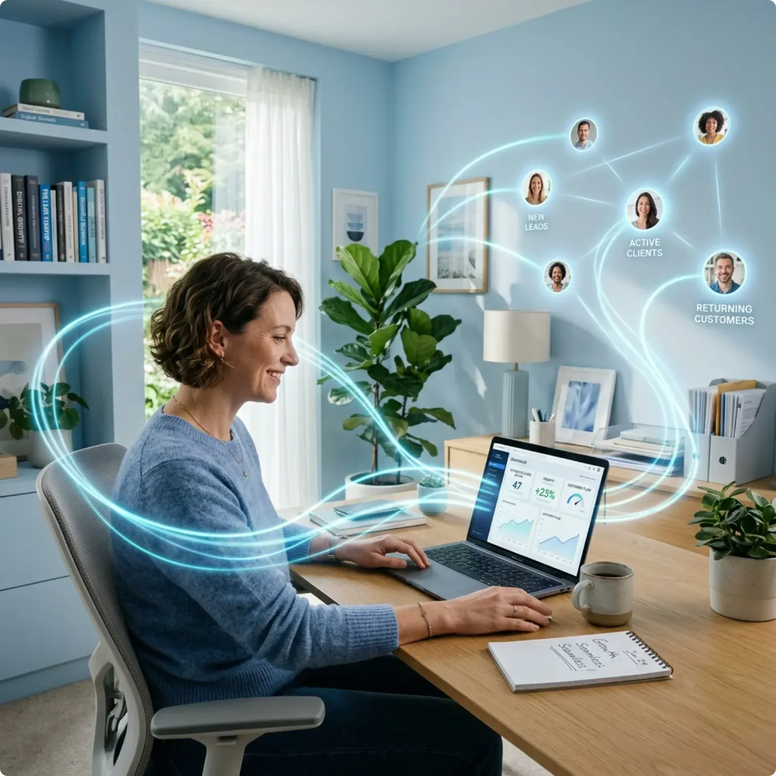 A business owner at her laptop with new leads, active clients, and returning customers connected around her