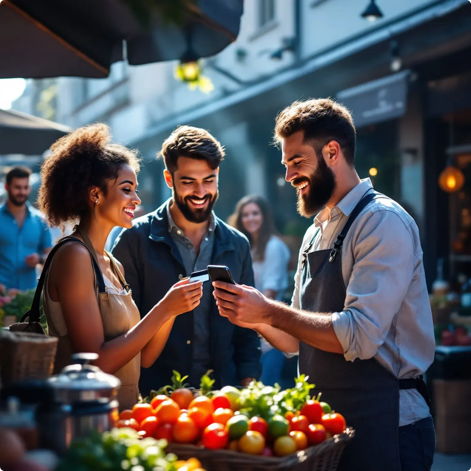 A market vendor accepting a tap-to-pay payment on a phone at an outdoor stall