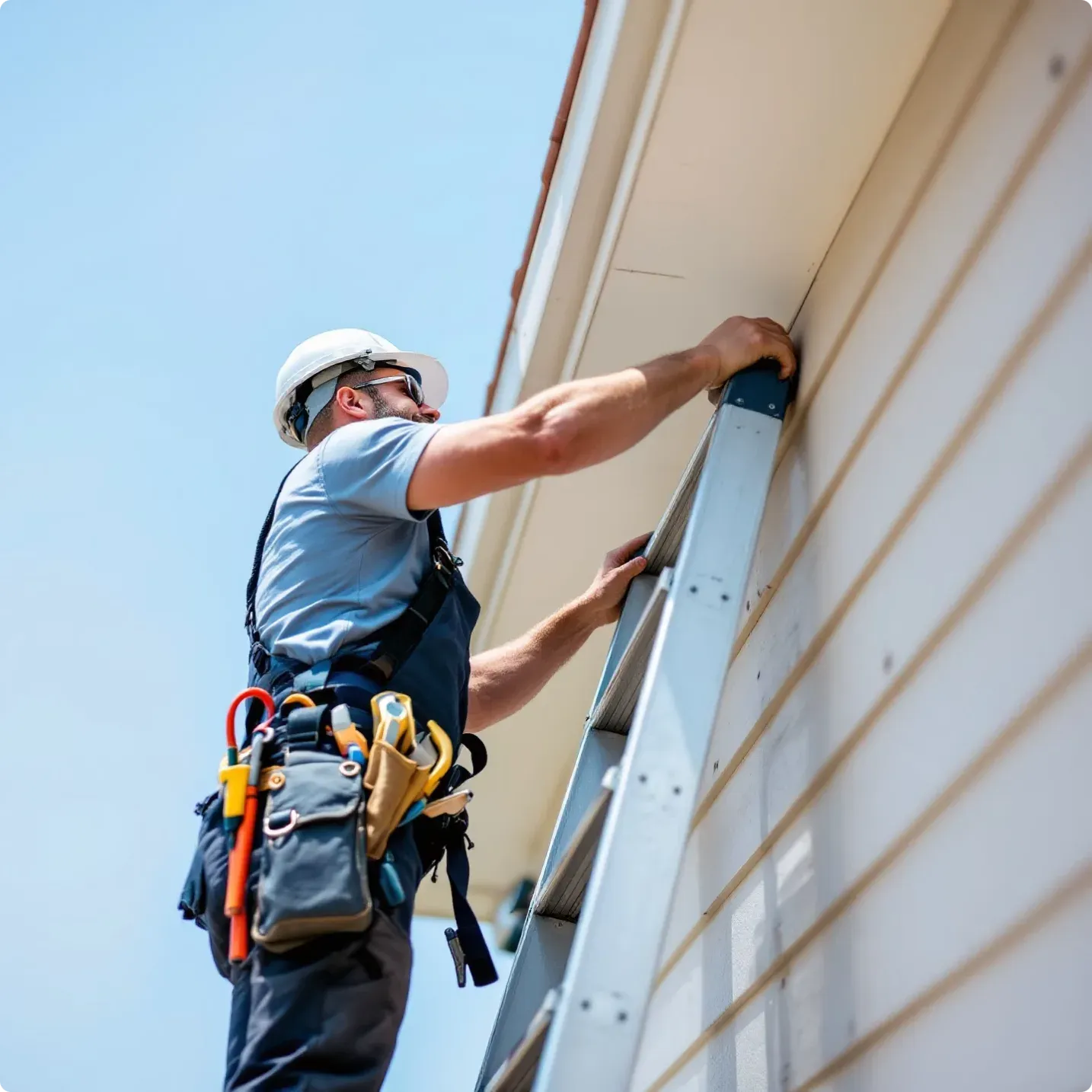 A tradesperson on a ladder working on a home, unable to answer a ringing phone