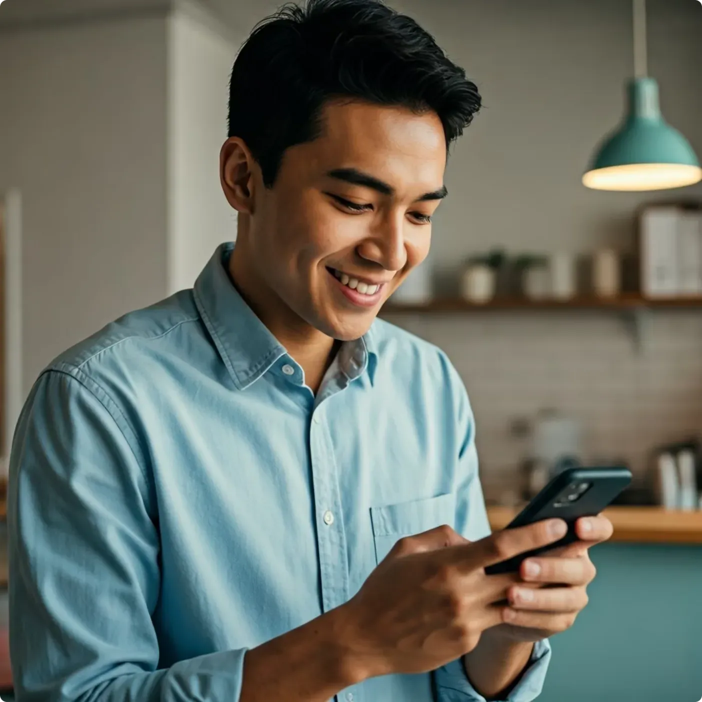 A customer smiling at a text message from a local business