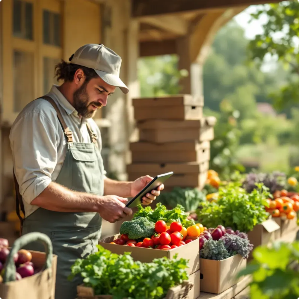 A market vendor checking online produce orders on a tablet beside fresh boxes