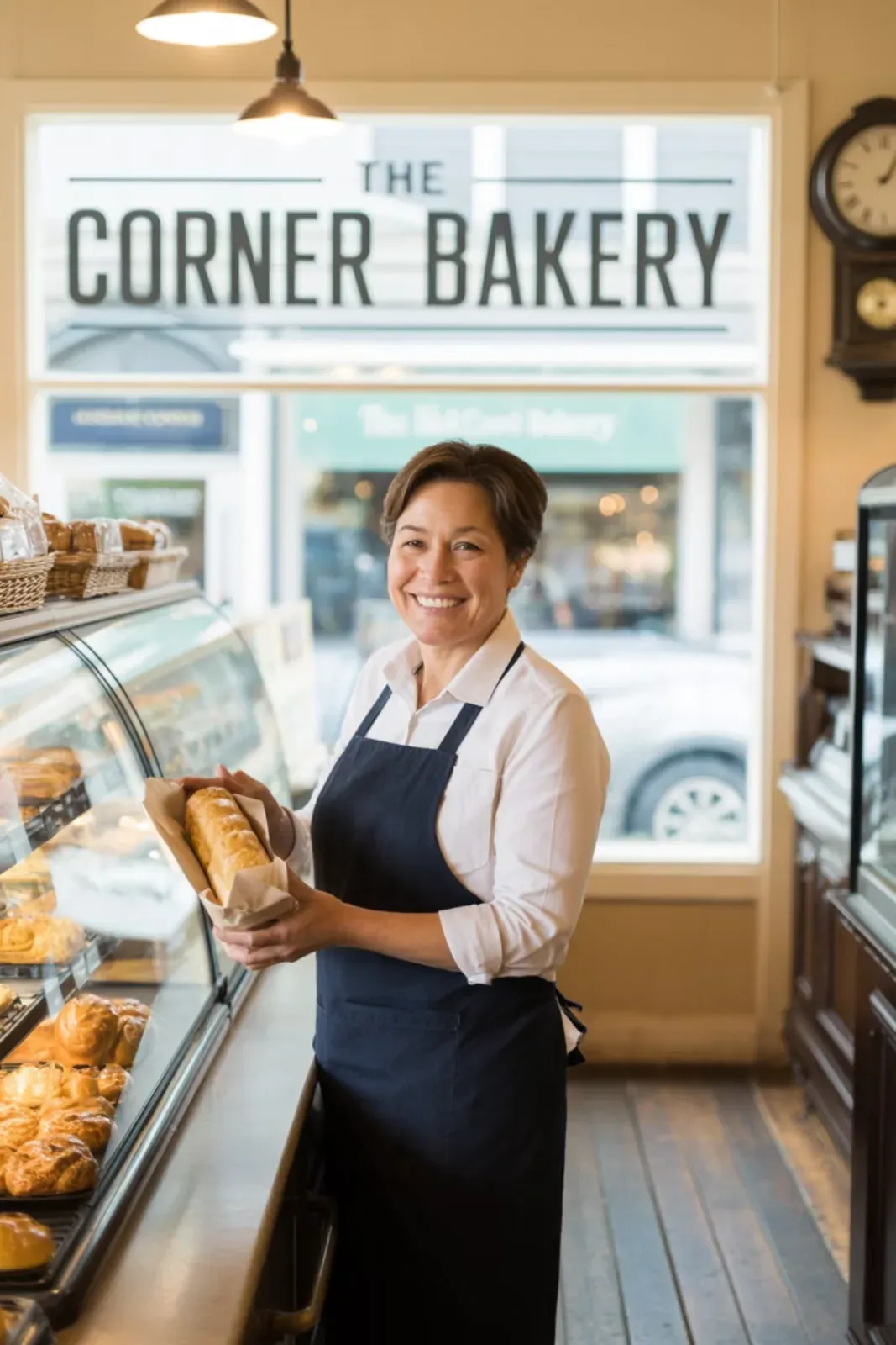 A local bakery owner behind the counter of her shop