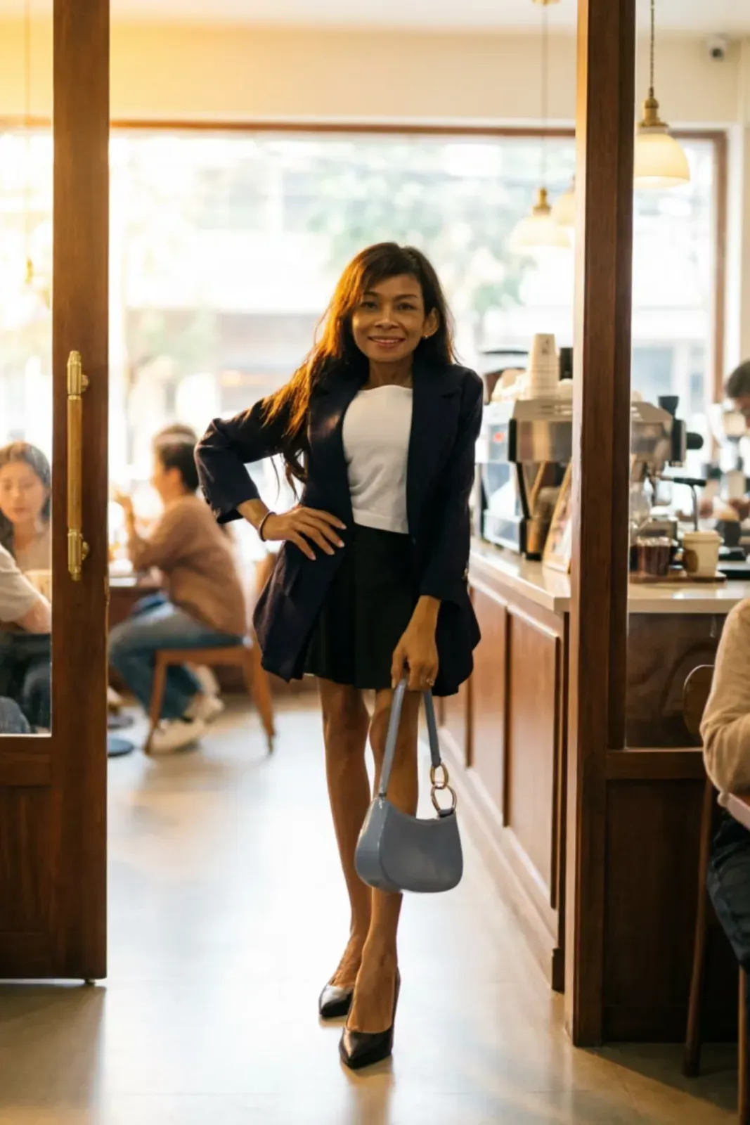 A customer stepping through the open door of a local café