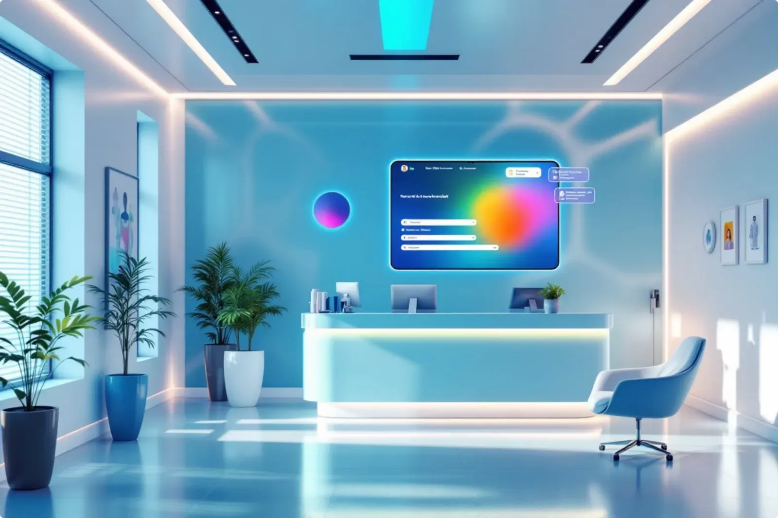 A bright clinic reception desk with an AI assistant answering questions on a wall screen