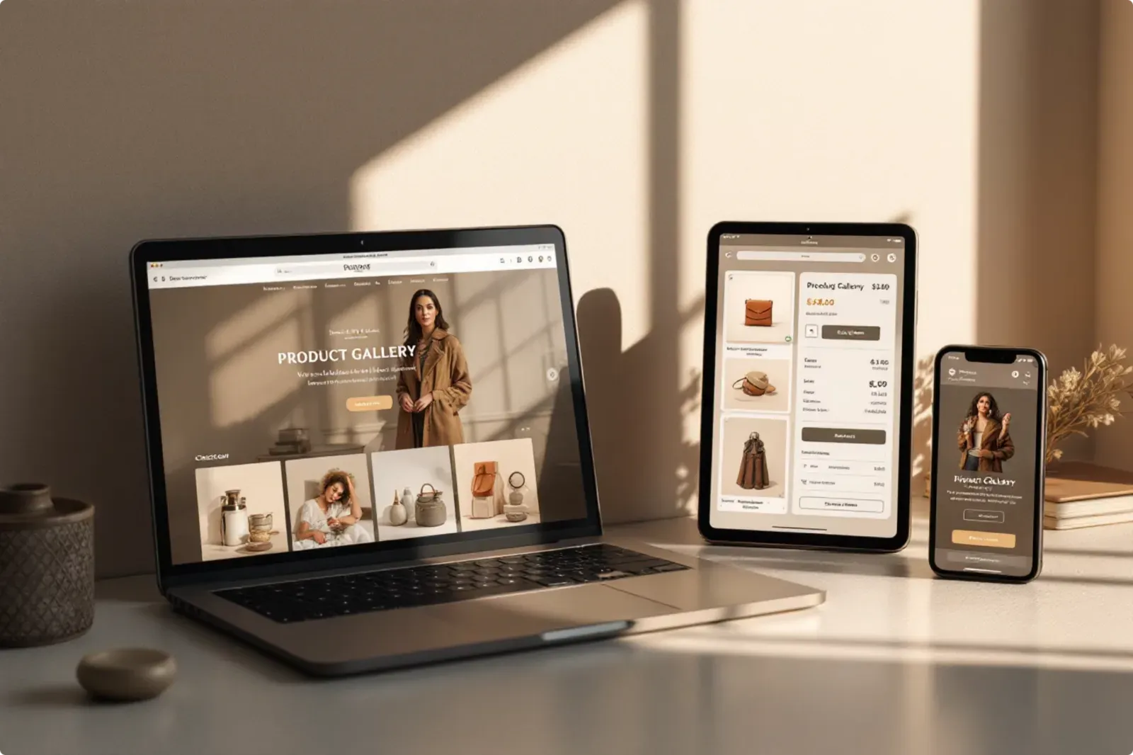 A simple online store shown on a laptop, tablet, and phone