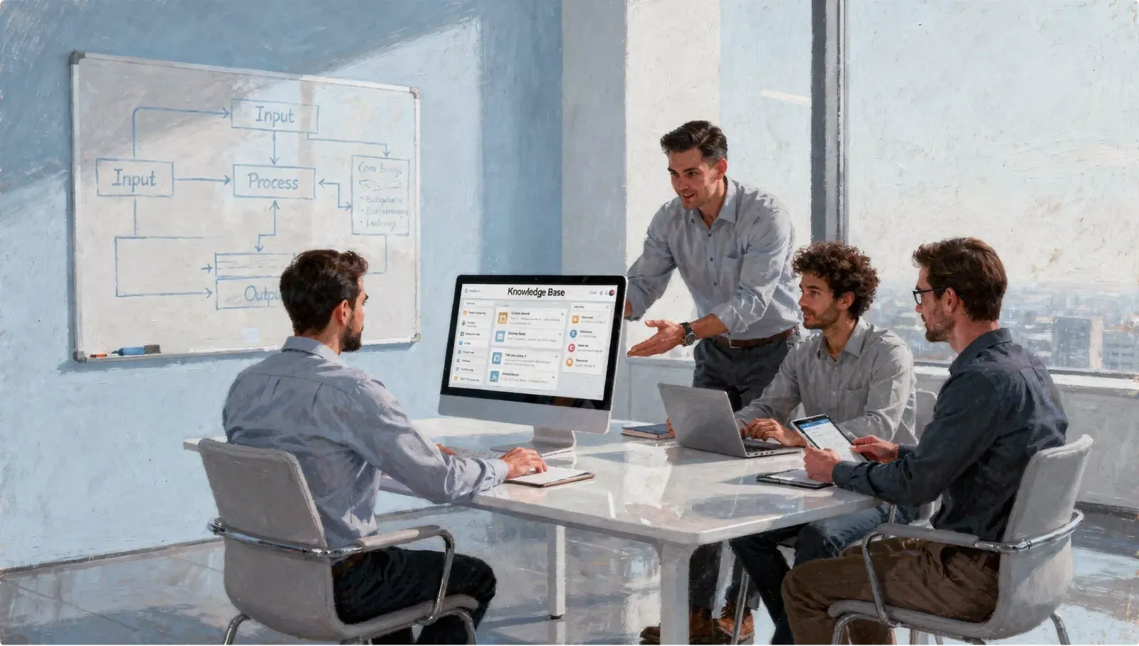 A team mapping out a knowledge base around a shared screen and whiteboard