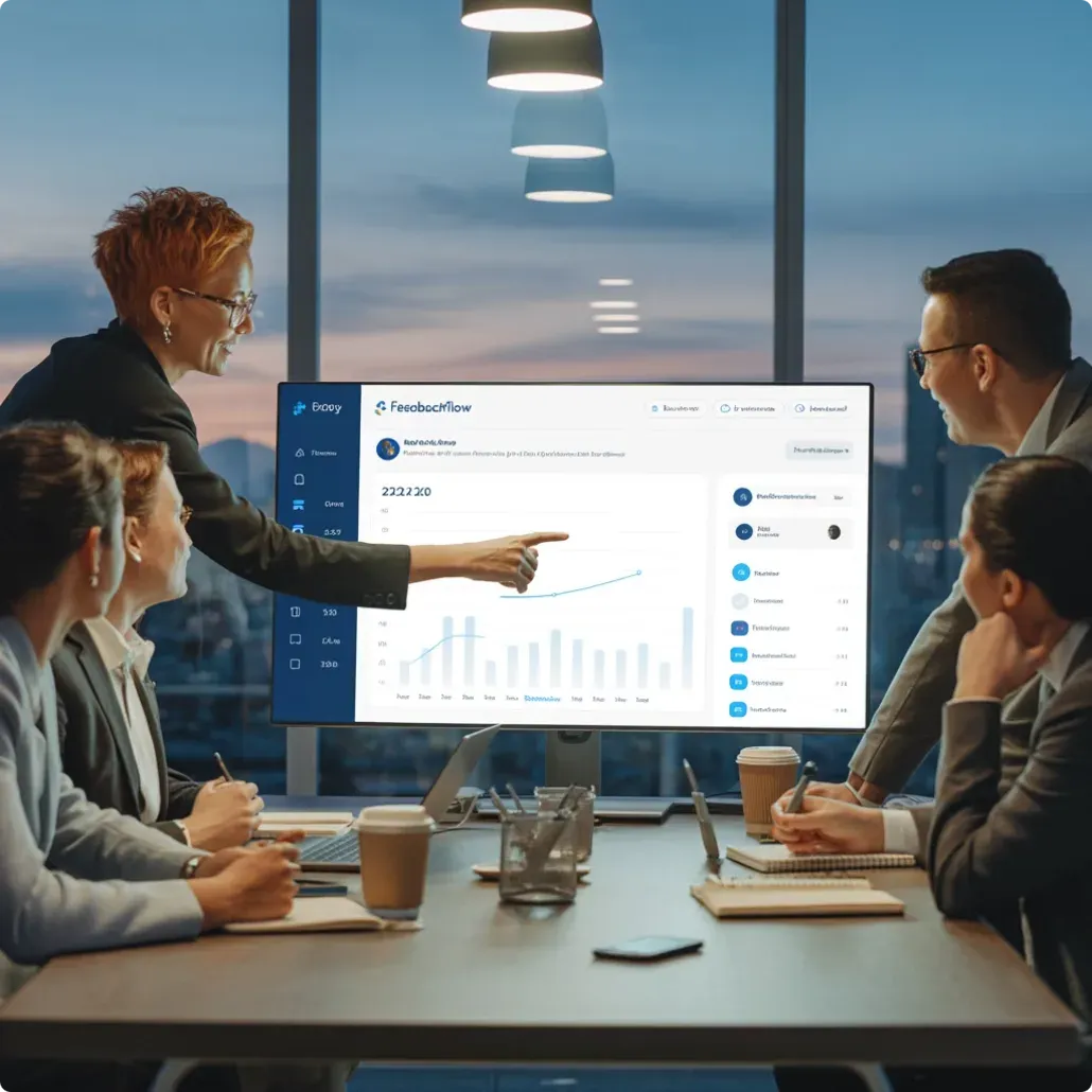 A team walking through a review dashboard together in a meeting