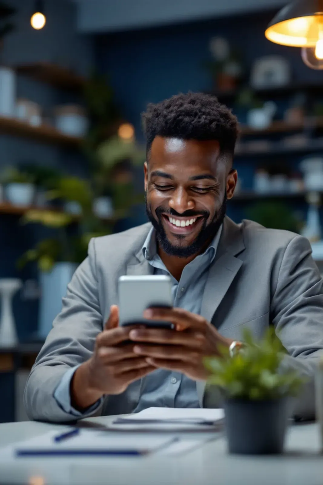 A business owner smiling while setting up payments on a phone at their desk