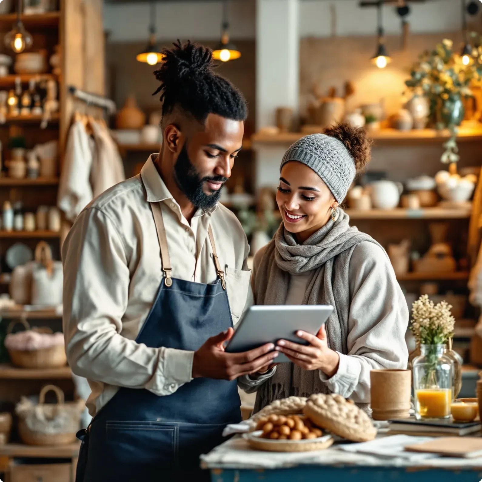Two local shopkeepers reviewing their online store together on a tablet