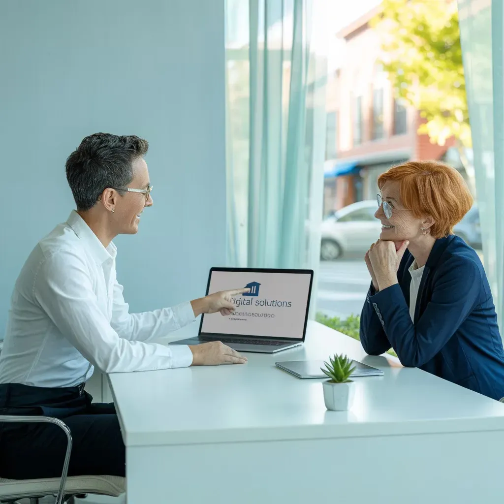 A business owner browsing customer profiles on a large screen