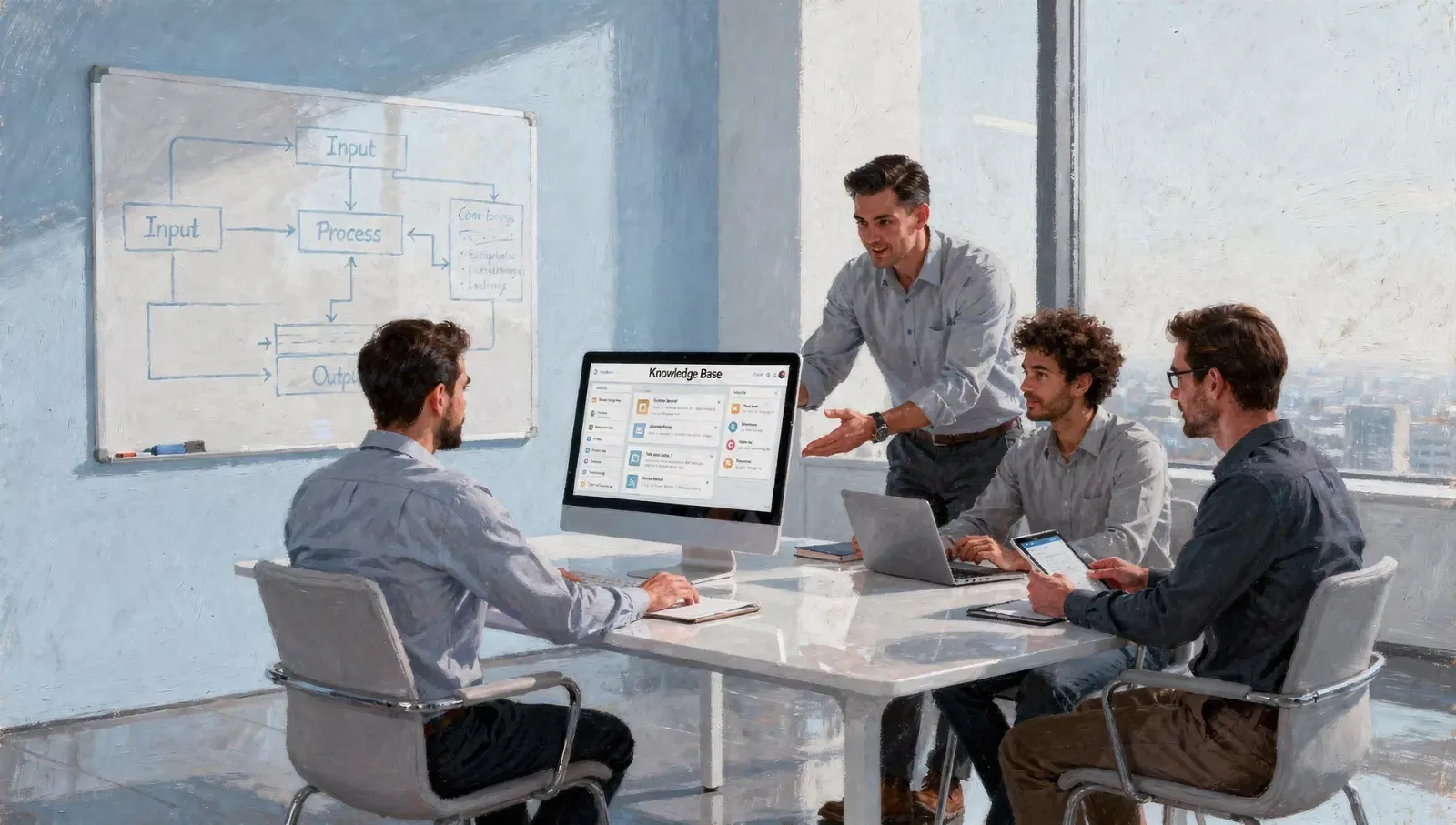 A small team mapping out a customer management setup together