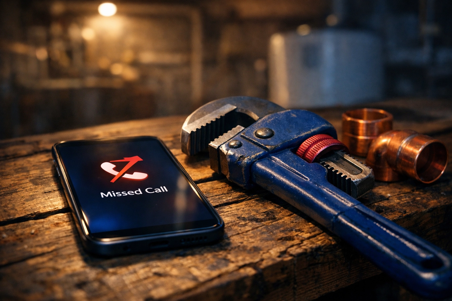 Smartphone with a missed call notification on a plumber's workbench, highlighting the need for missed call recovery.