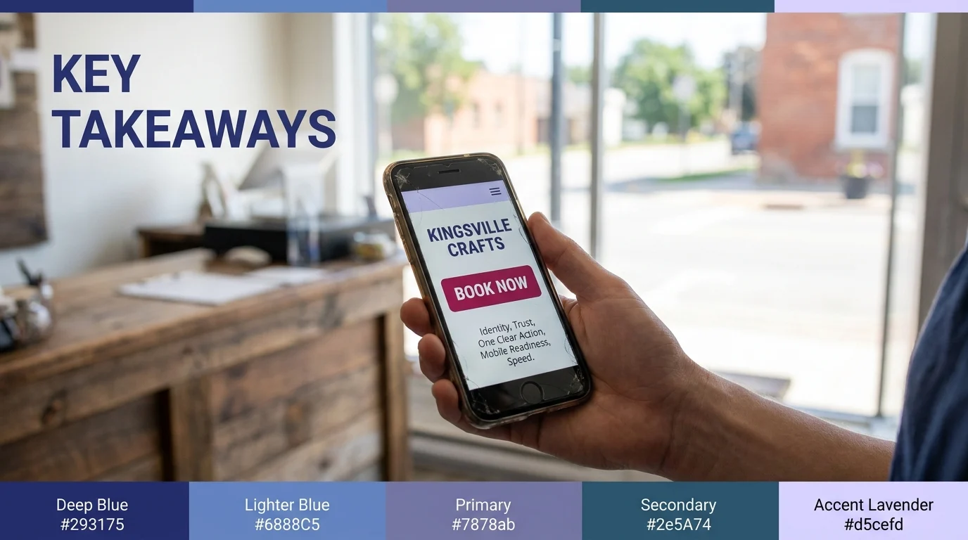 Key Takeaways graphic showing a hand holding a phone displaying the Kingsville Crafts homepage with a Book Now button and the words Identity, Trust, One Clear Action, Mobile Readiness, Speed
