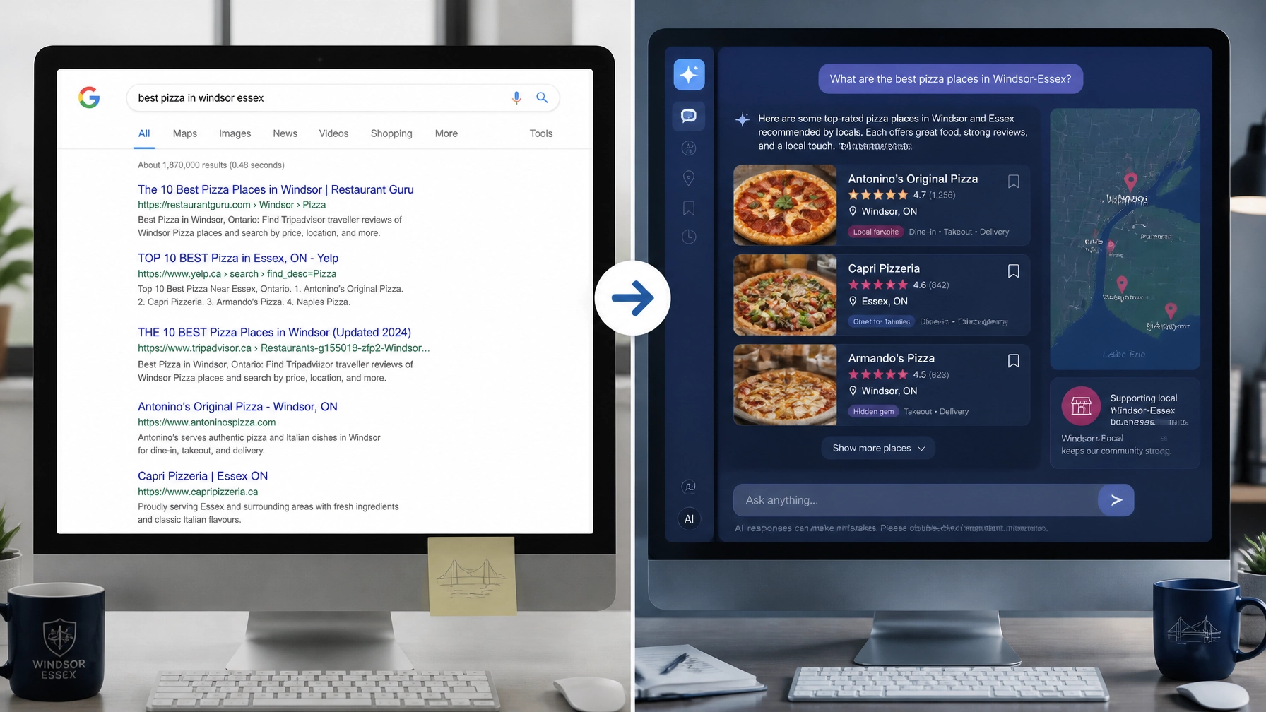 Split-screen comparison of traditional search results and AI overview for local businesses in the Windsor-Essex region