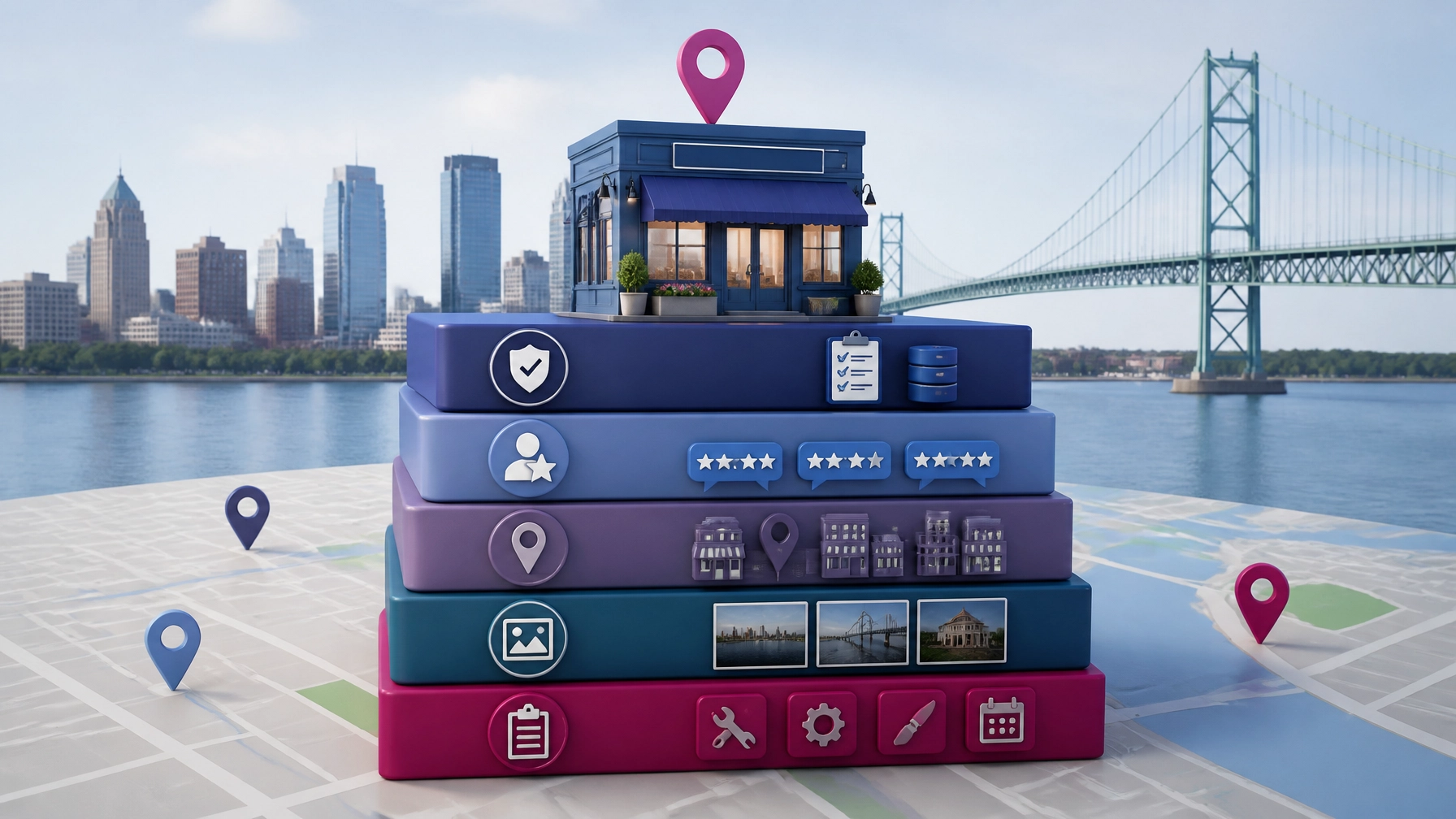 Trust Stack illustration with reviews, business data, and local search signals supporting a Windsor-Essex region business