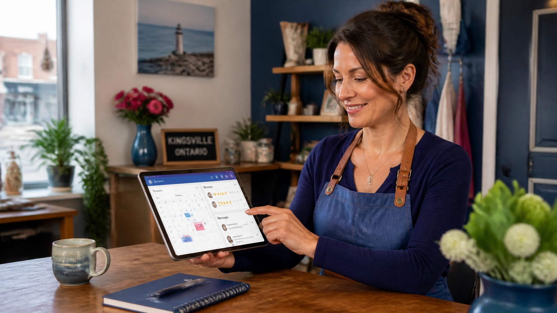 Small business owner using a tablet to manage bookings and reviews through a Smart Digital Doorway in Kingsville, Ontario