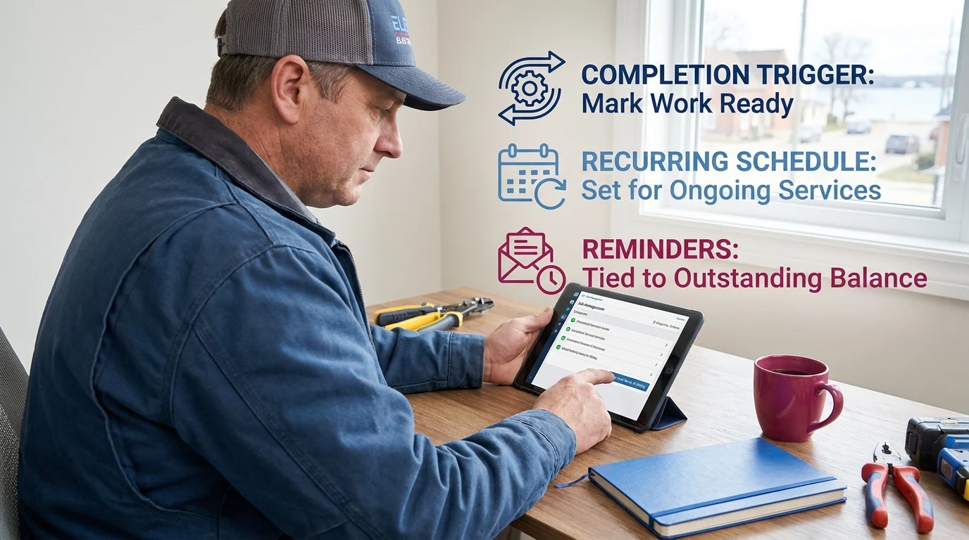 Diagram showing automated invoicing triggers: completion trigger marks work ready, recurring schedule for ongoing services, and reminders tied to outstanding balance, with a tradesman using a tablet