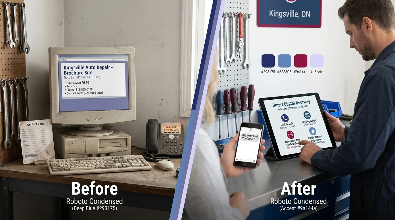 Before-and-after comparison showing a Kingsville auto repair shop's website transformation: an outdated desktop brochure site versus a modern Smart Digital Doorway with click-to-call, booking, and automated tools