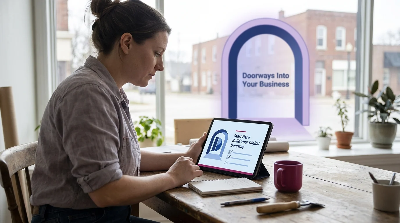 Small business owner reviewing a "Start Here: Build Your Digital Doorway" checklist on a tablet, with a Windsor storefront visible outside