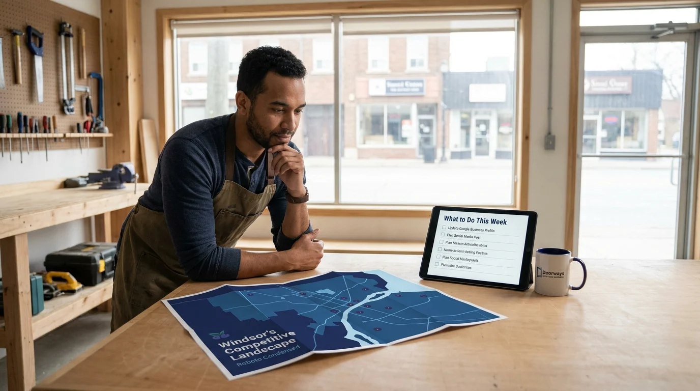 Small business owner in a workshop reviewing a Windsor's Competitive Landscape map and a weekly digital marketing checklist on a tablet