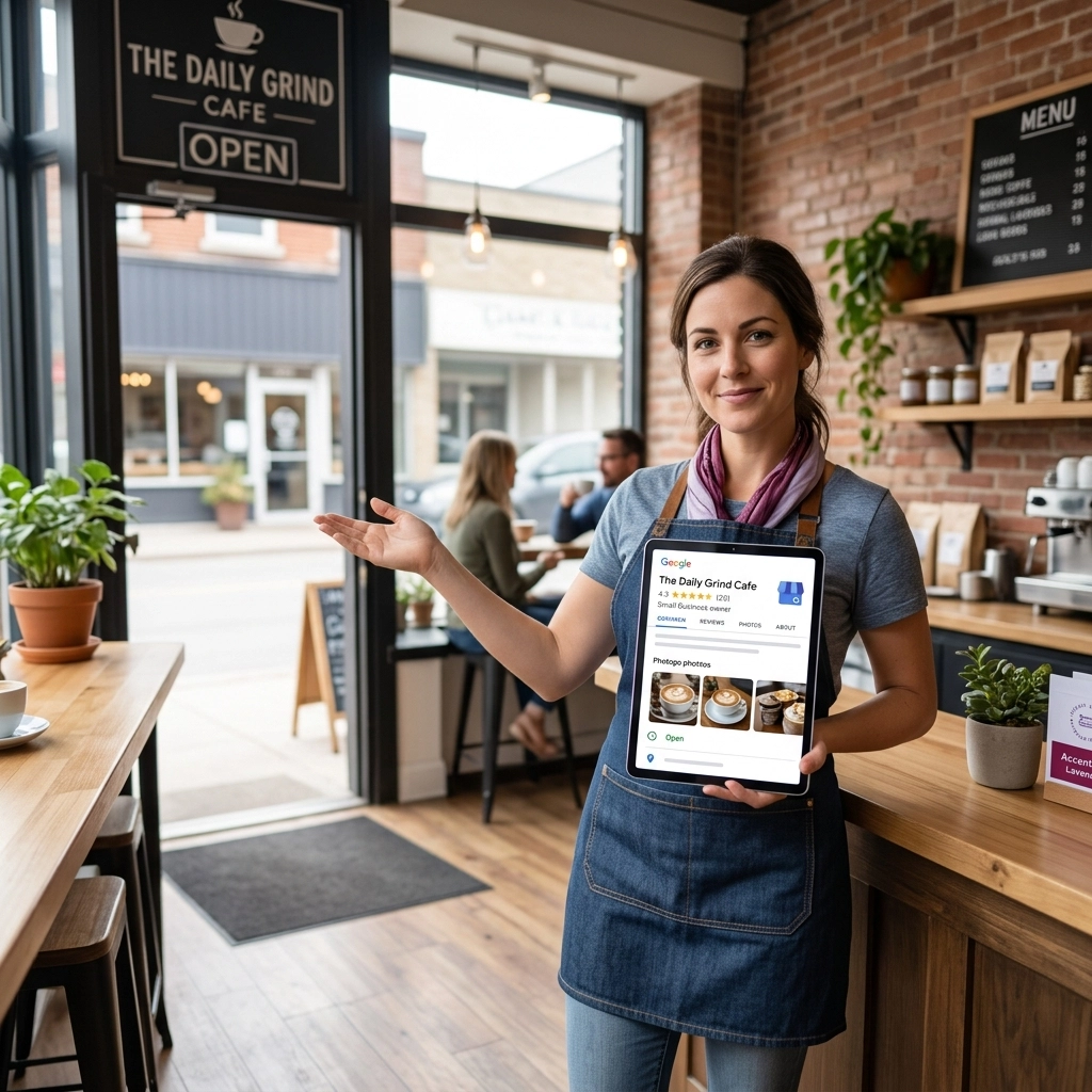 Charming bakery storefront in Leamington, Ontario, with a focus on a 'Find us on Google' sticker on the window, illustrating a Google Business Profile for a local business