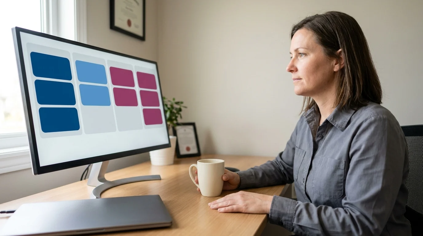 Business owner at her desk looking at a project board with four columns of colour-coded cards on her monitor, a mug in one hand