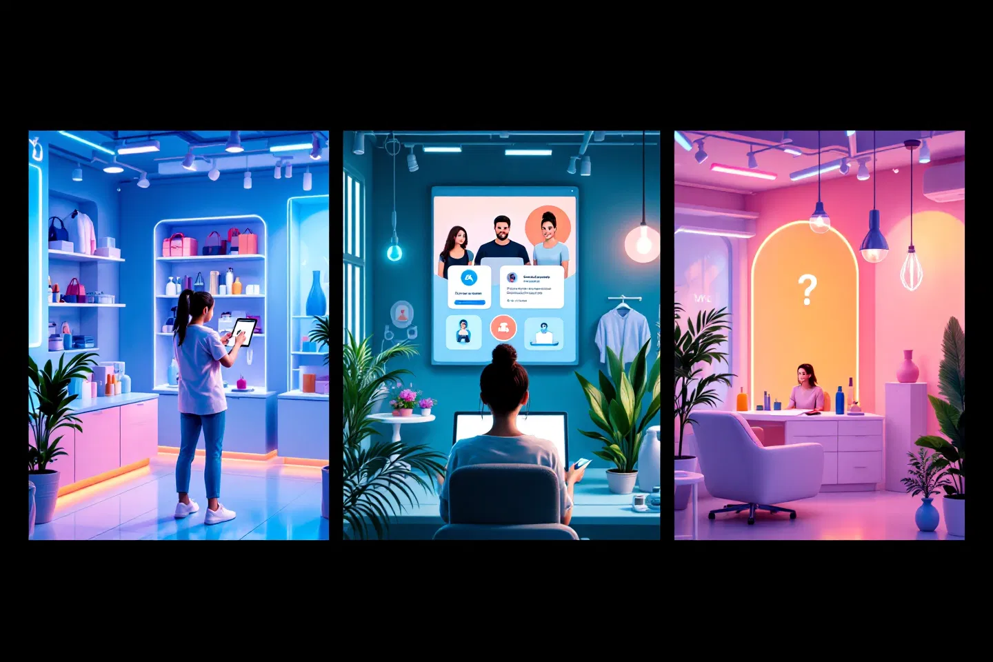 Three-panel view of business environments in the Windsor-Essex region using Smart Digital Doorways to manage customer consultations and retail inquiries
