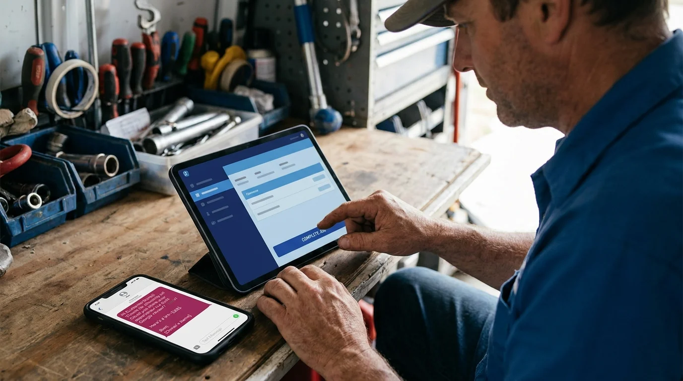 Technician in a workshop tapping “Complete Job” on a tablet, with a phone nearby showing an automated review request text message