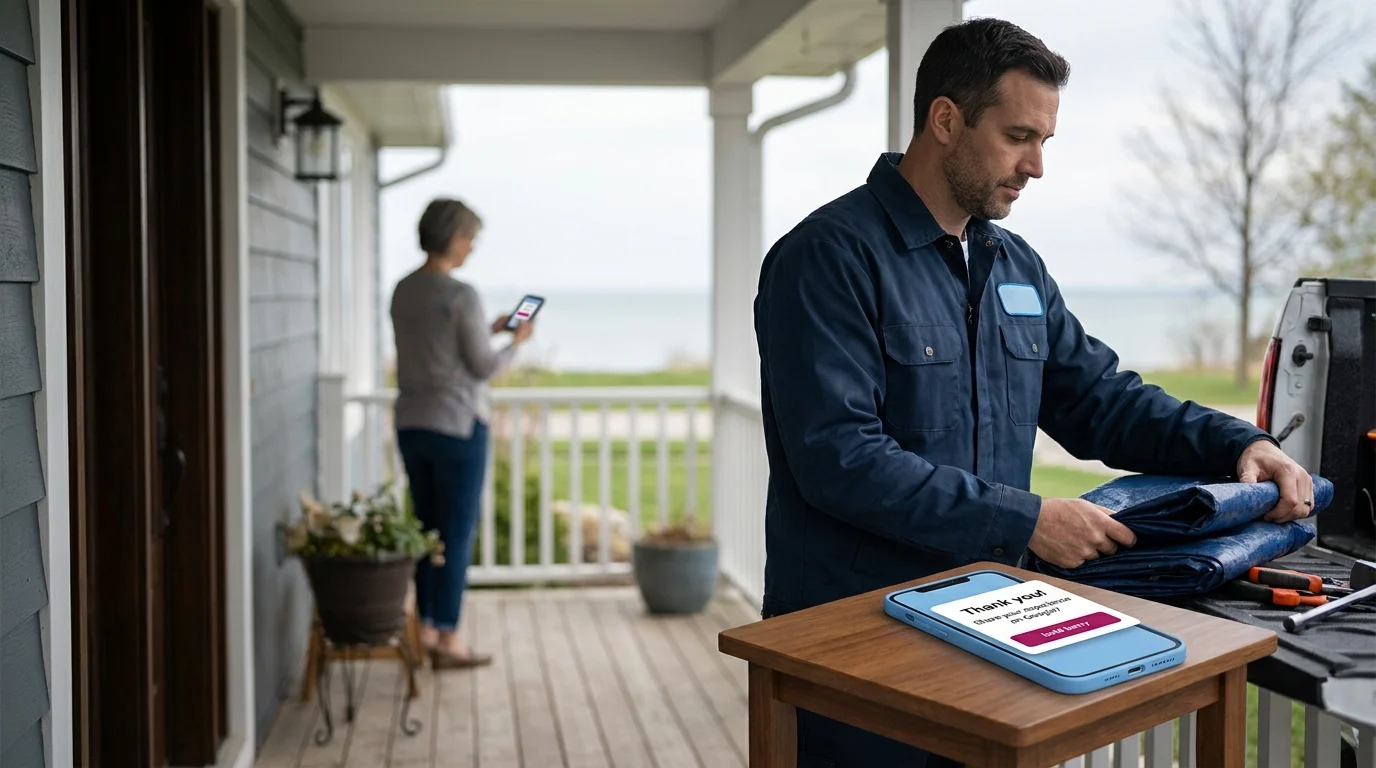 Service technician packing up while a phone displays a “Thank you, share your experience on Google” review request, homeowner nearby on porch