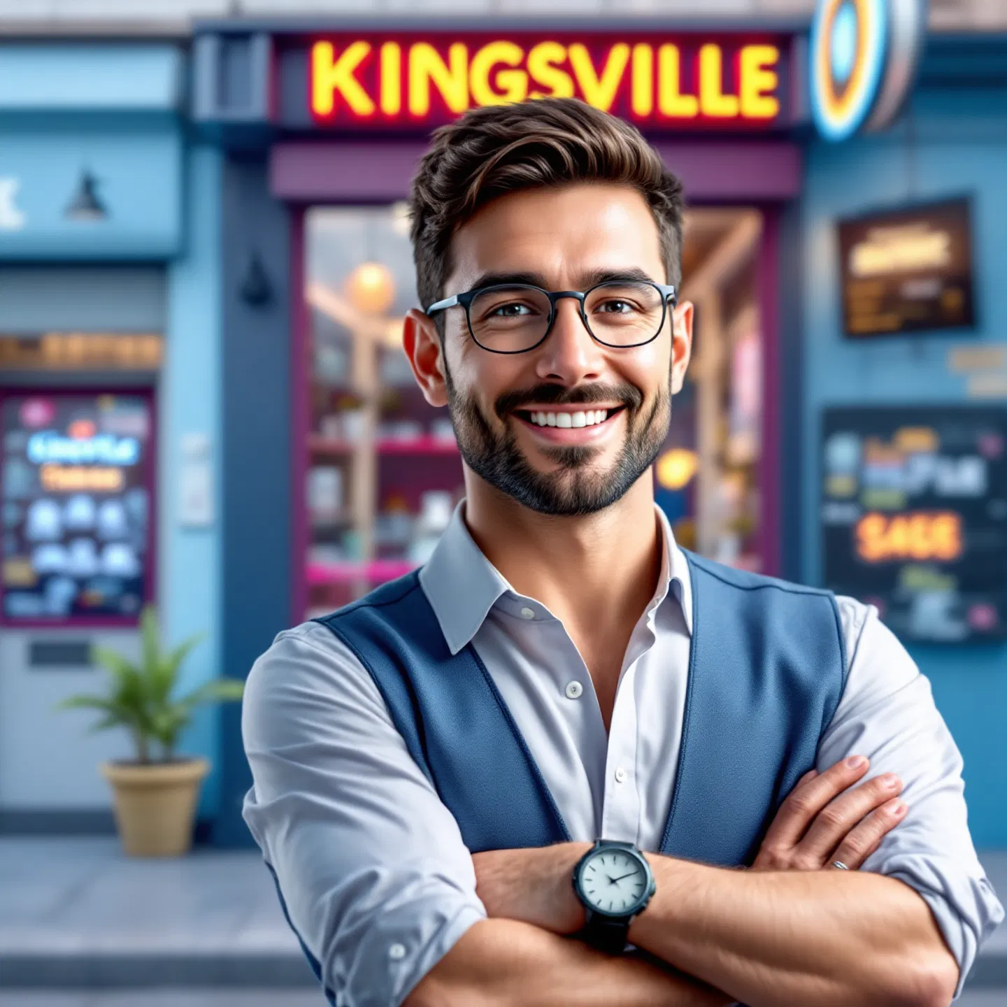 Smiling small business owner outside a retail storefront in Kingsville, Ontario, part of Windsor-Essex County, projecting local pride and digital readiness.