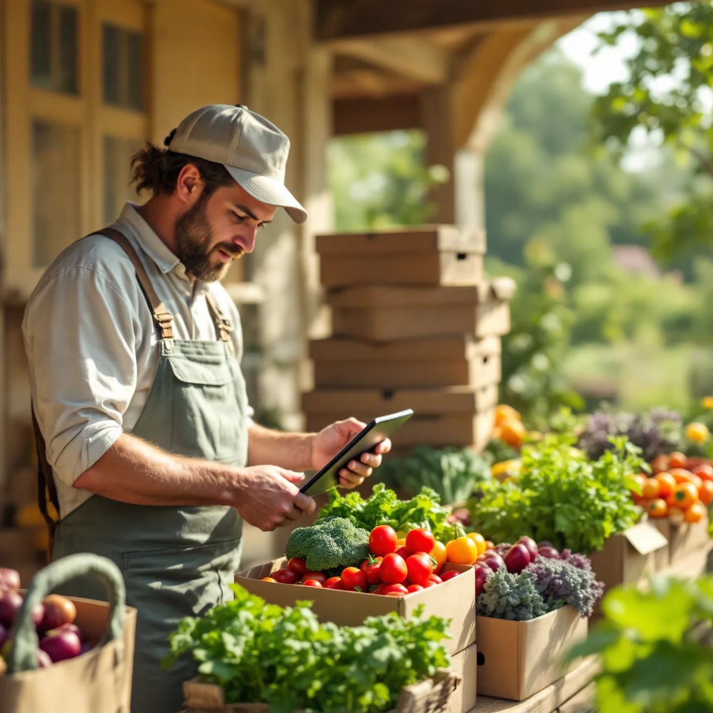 Local produce vendor managing orders on a tablet for a small business in Kingsville and Windsor-Essex County.