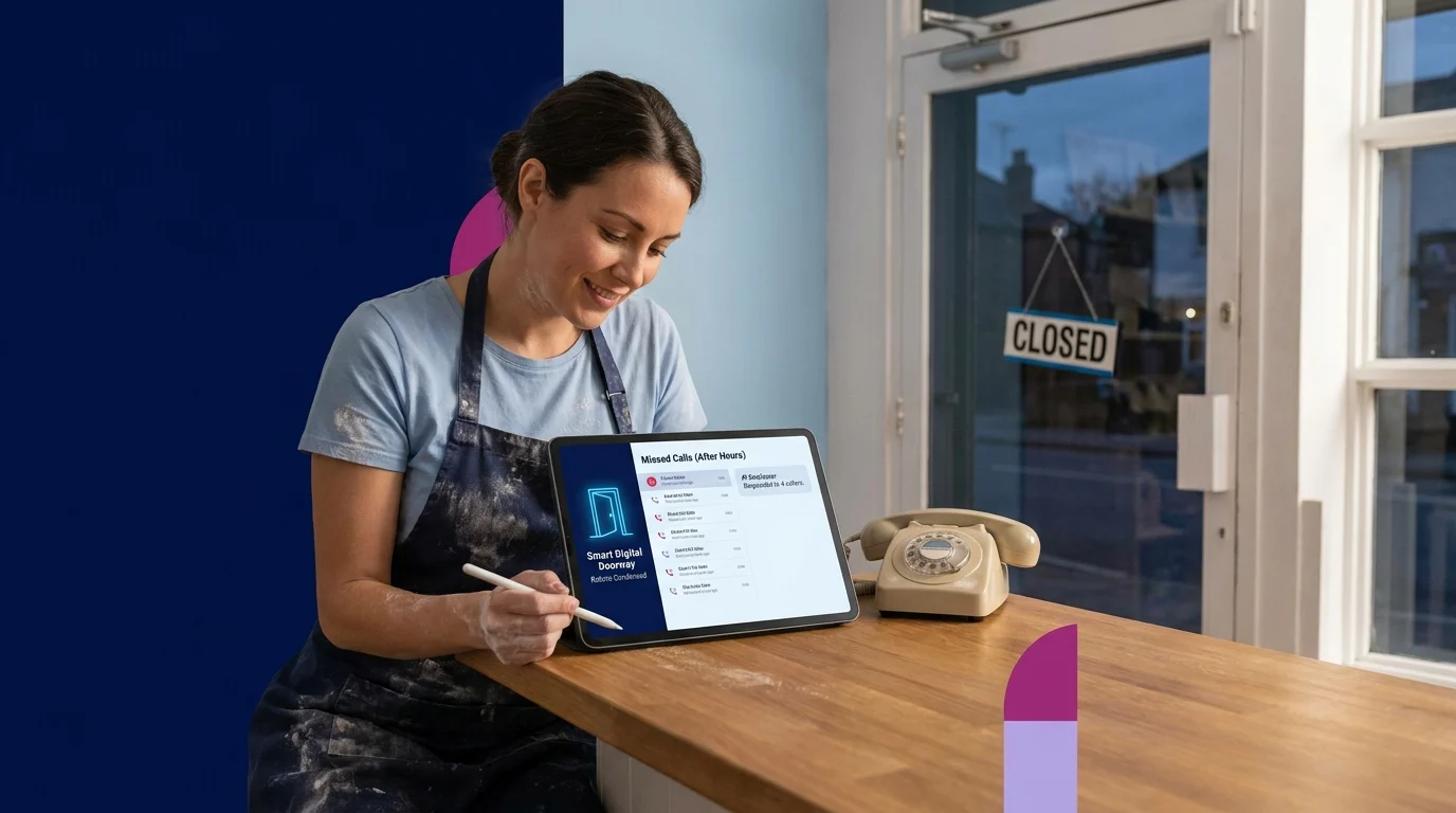 Small business owner in an apron reviewing after-hours missed calls on a tablet, with a Closed sign visible in the background