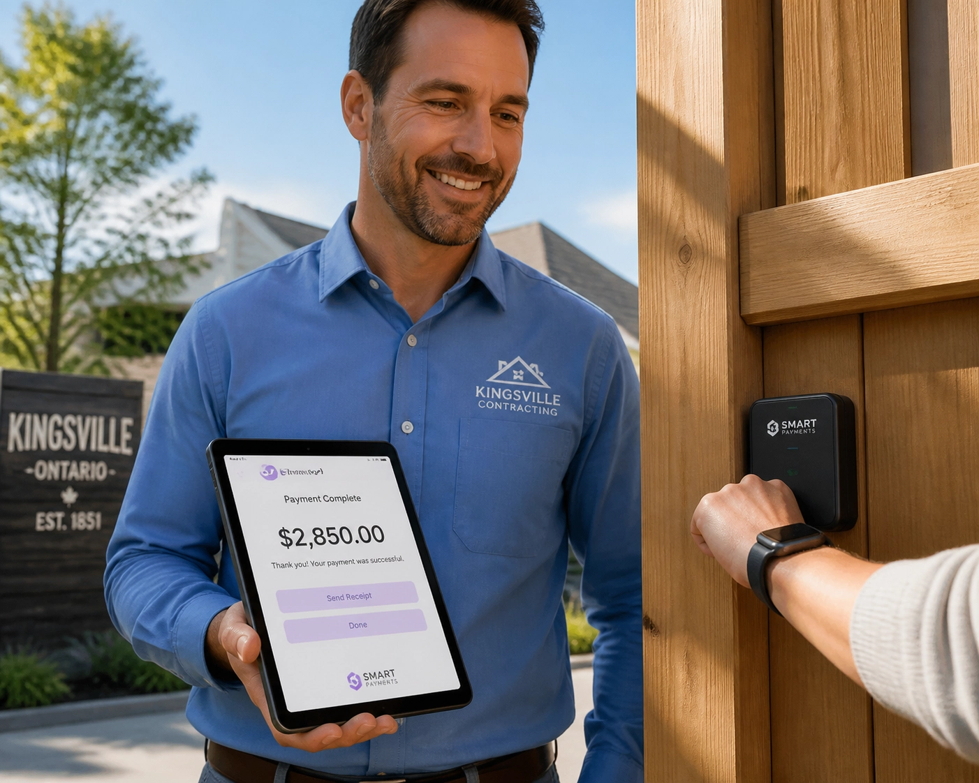Contractor in Kingsville using a mobile invoicing tool and tap-to-pay terminal to get paid instantly on-site.