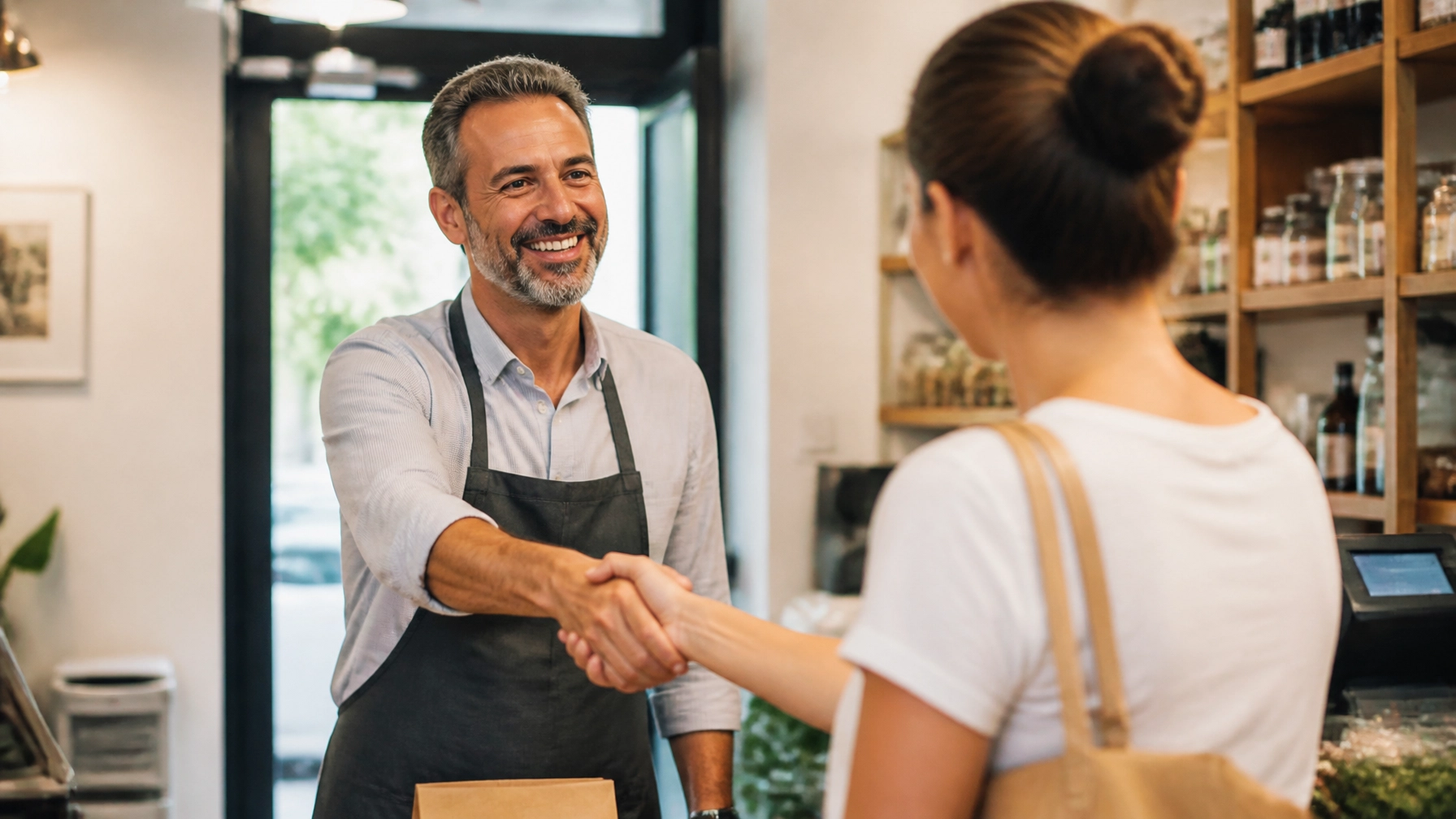 Happy local business owner greeting a returning customer inside a small business, illustrating successful customer reactivation