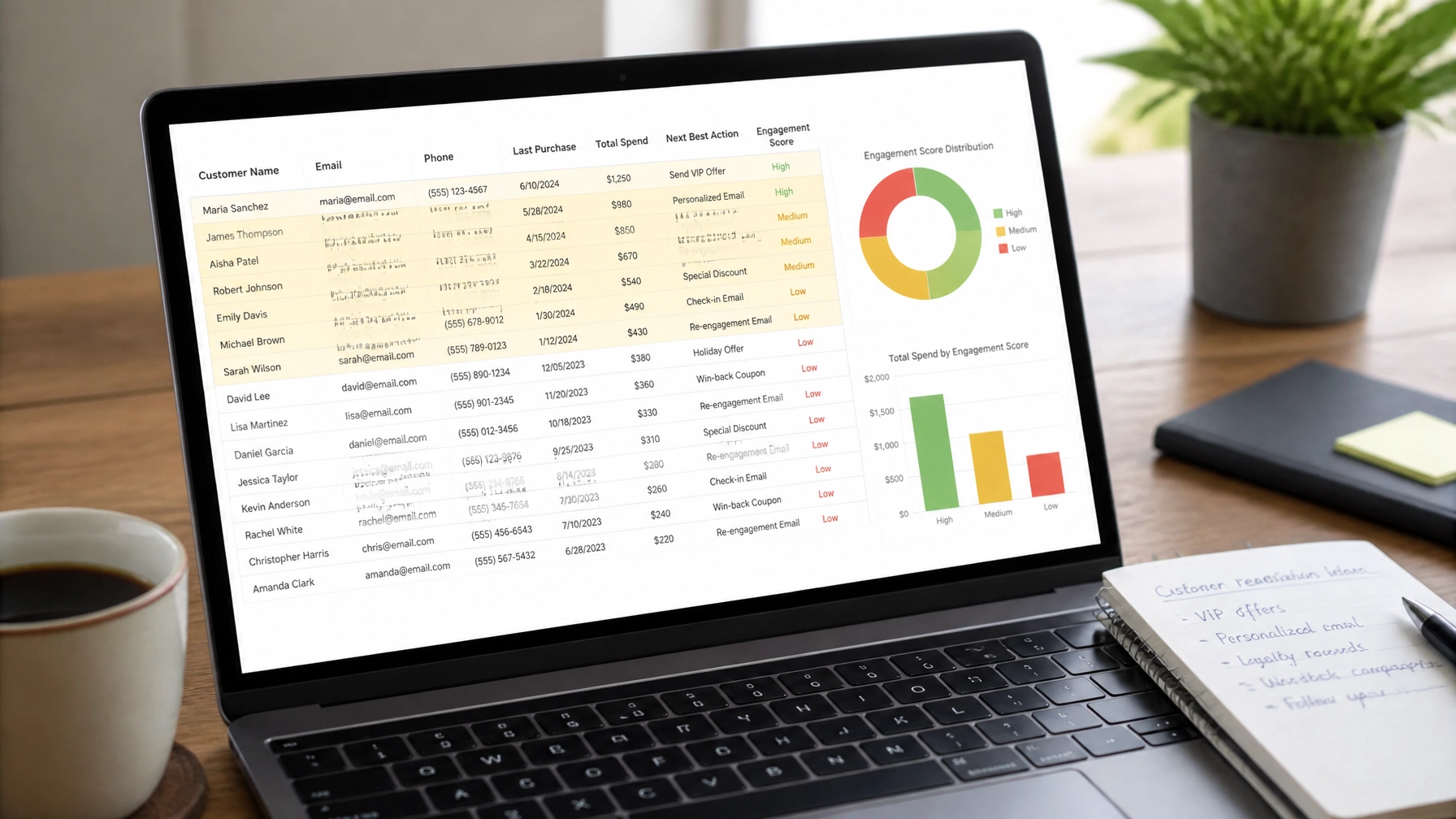 Organized customer list on a laptop representing a goldmine of past customers for local business reactivation campaigns