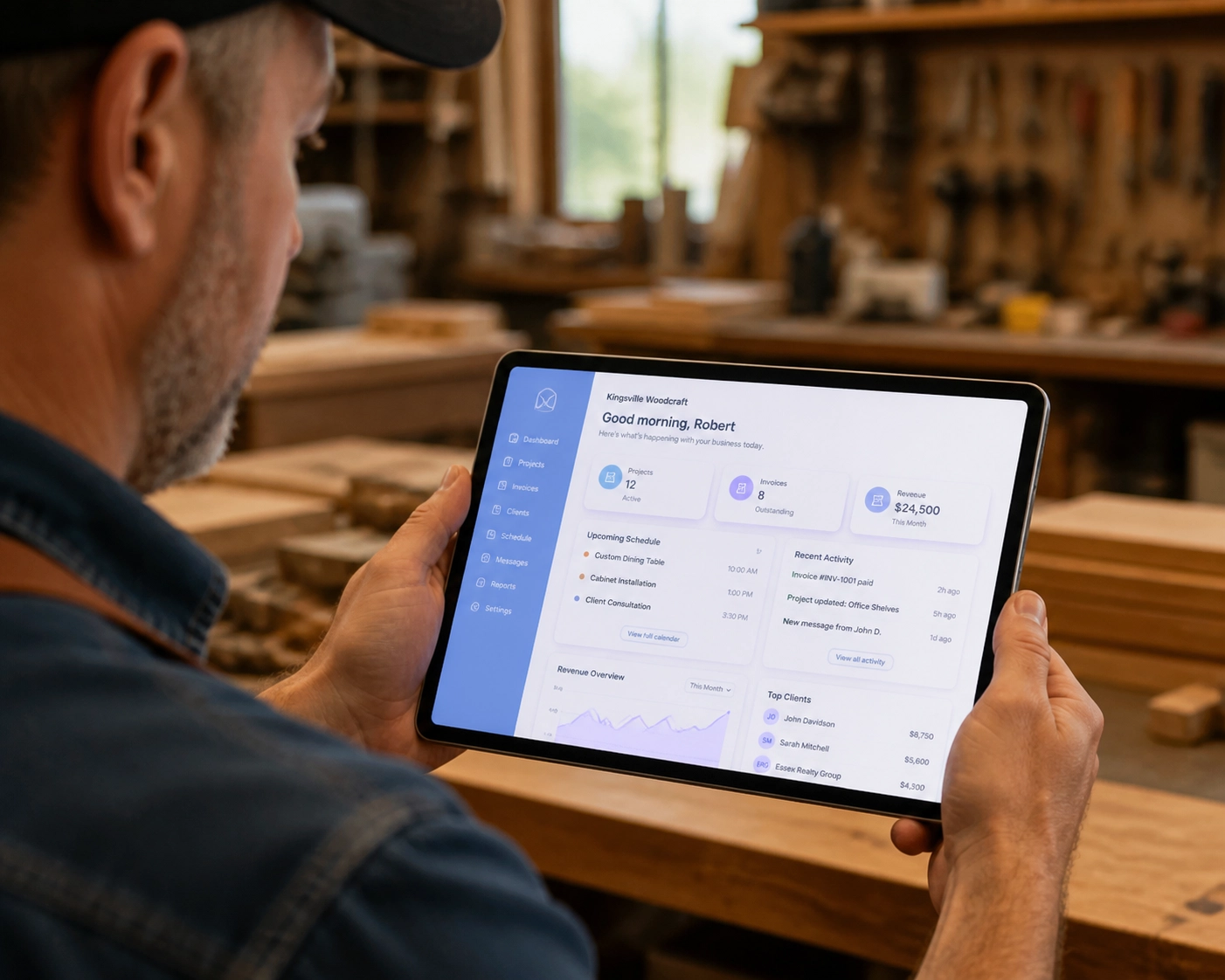 Master craftsman in Kingsville, Ontario using a mobile tablet to manage a Smart Digital Doorway.