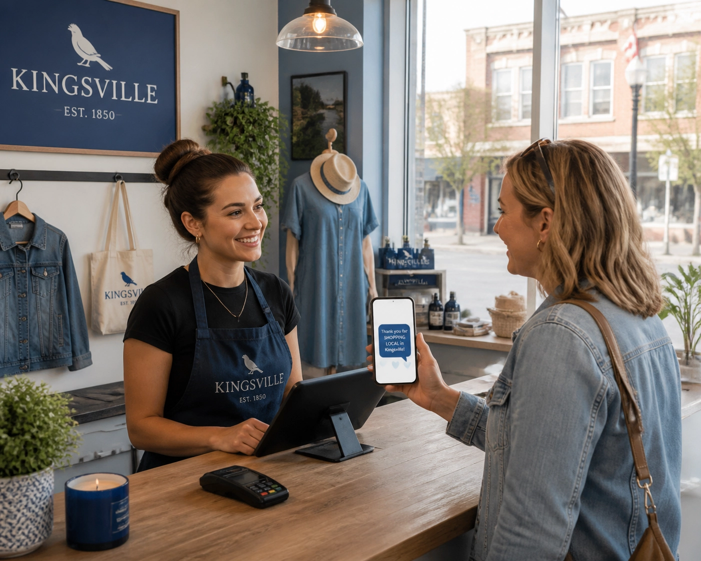 A customer in a local Kingsville boutique holding up their smartphone to a friendly cashier to show a text message coupon.