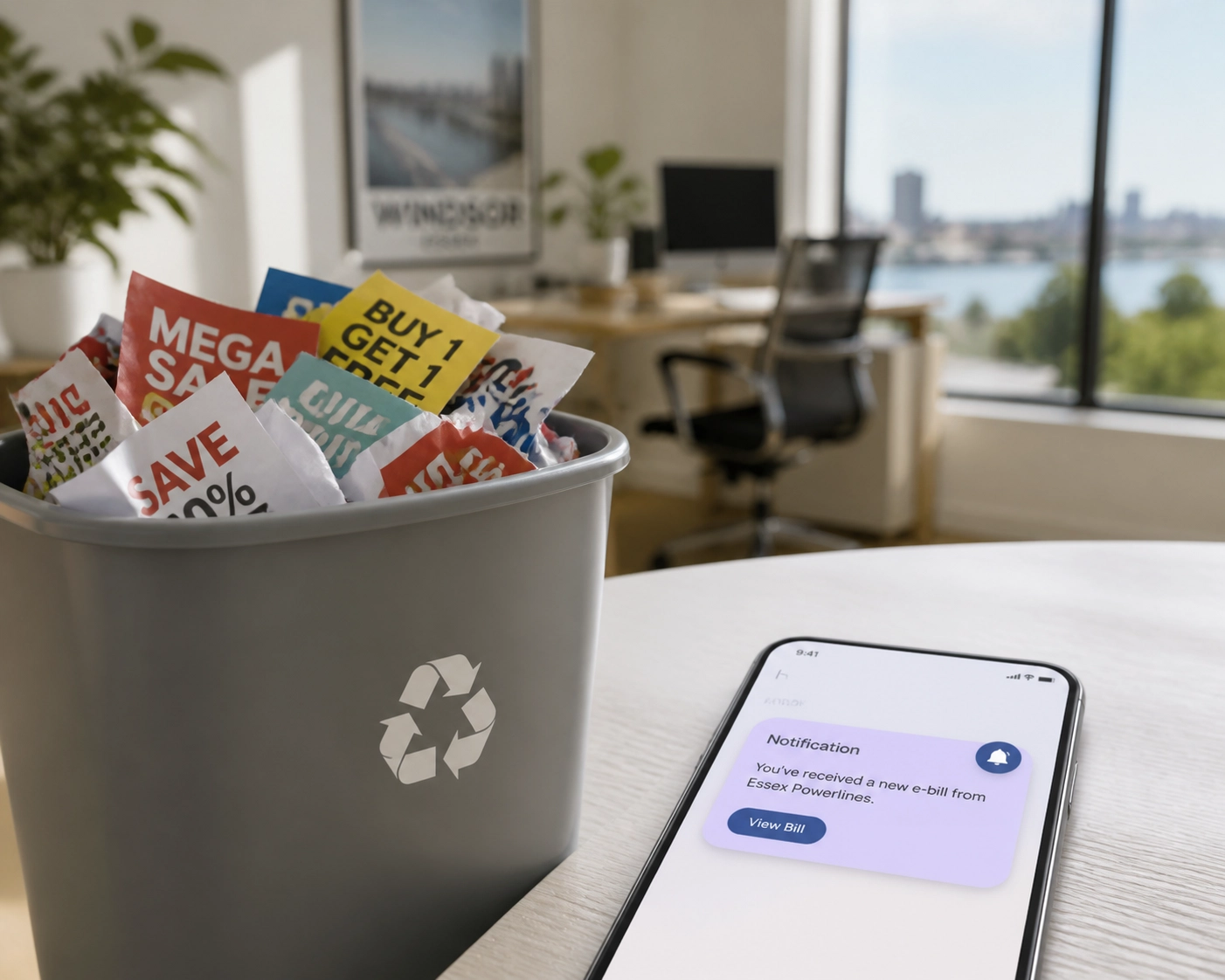 A discarded paper flyer in a recycling bin next to a smartphone displaying a bright notification for a local Kingsville business.