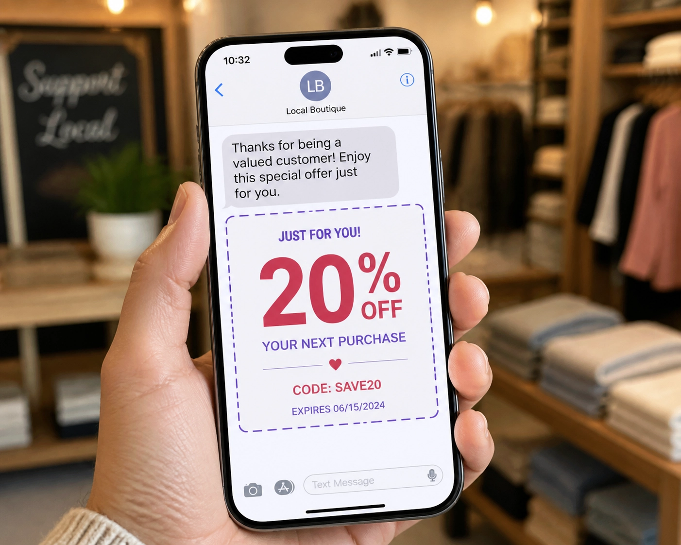 A smartphone screen showing a clear SMS coupon notification with high engagement from a customer in the Windsor-Essex region.